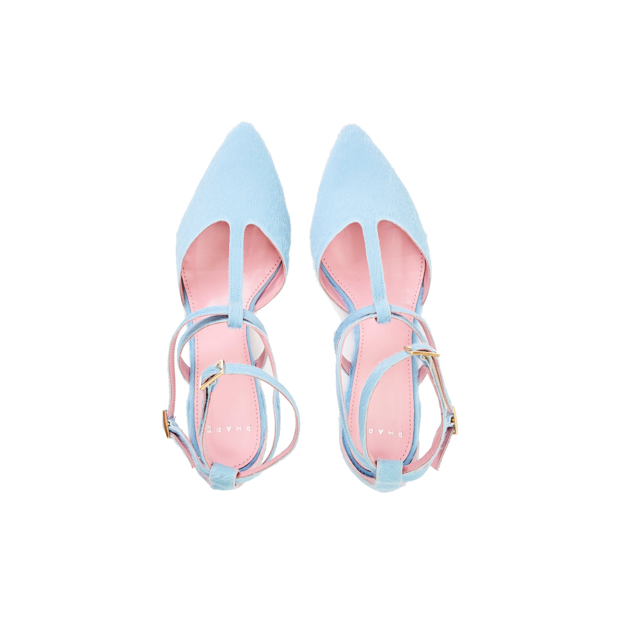 Phare ankle strap pointed flat in light blue pony hair back view