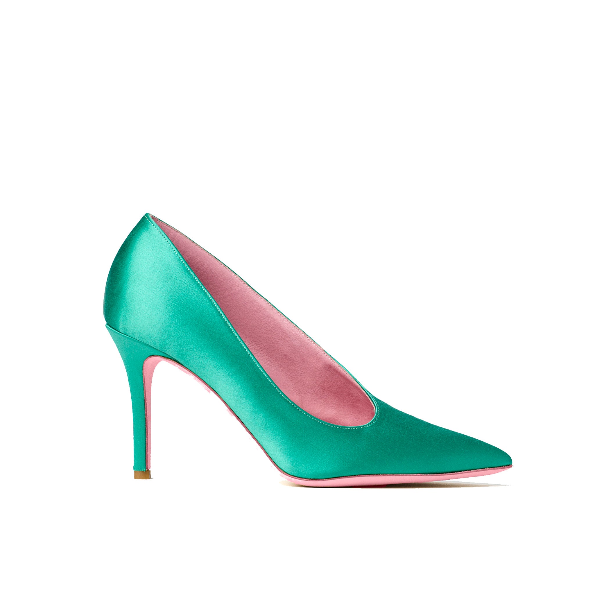 Phare seta asymmetrical pump in verde silk satin