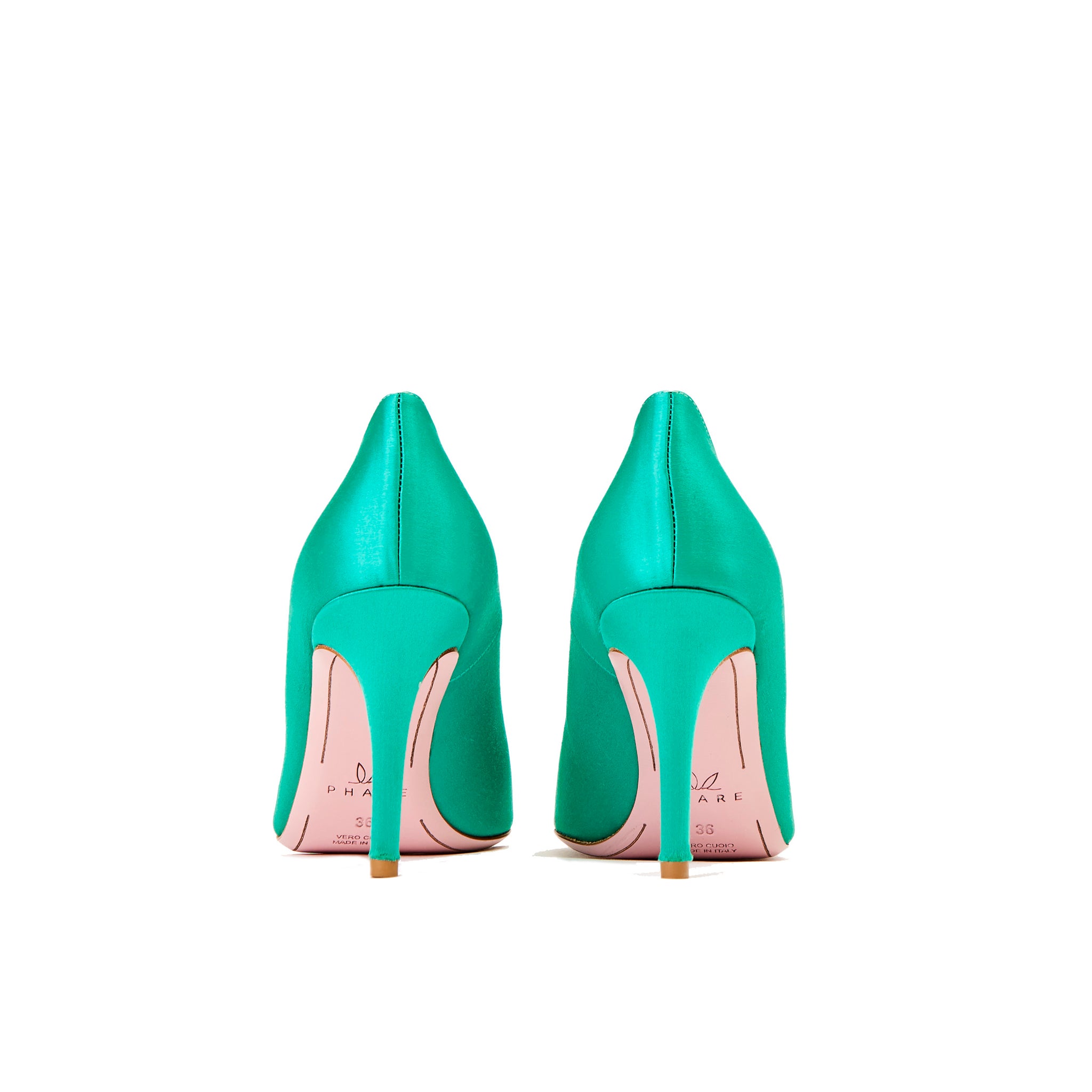 Phare seta asymmetrical pump in verde silk satin back view