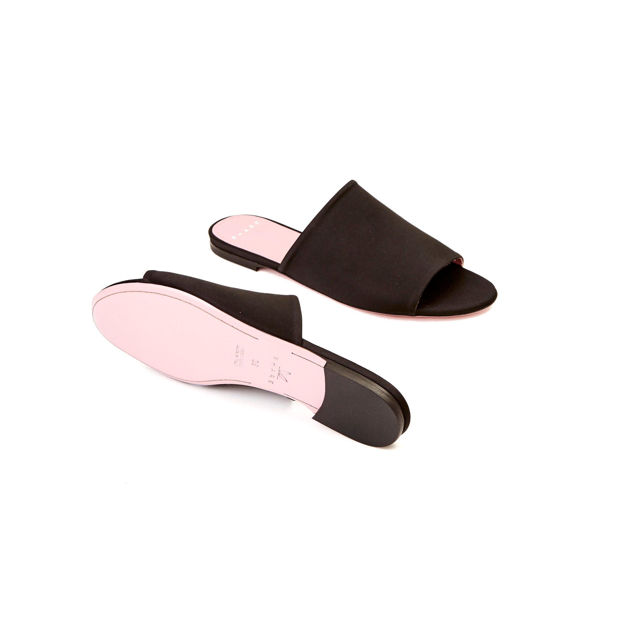 Phare Seta slide in black silk satin sole view