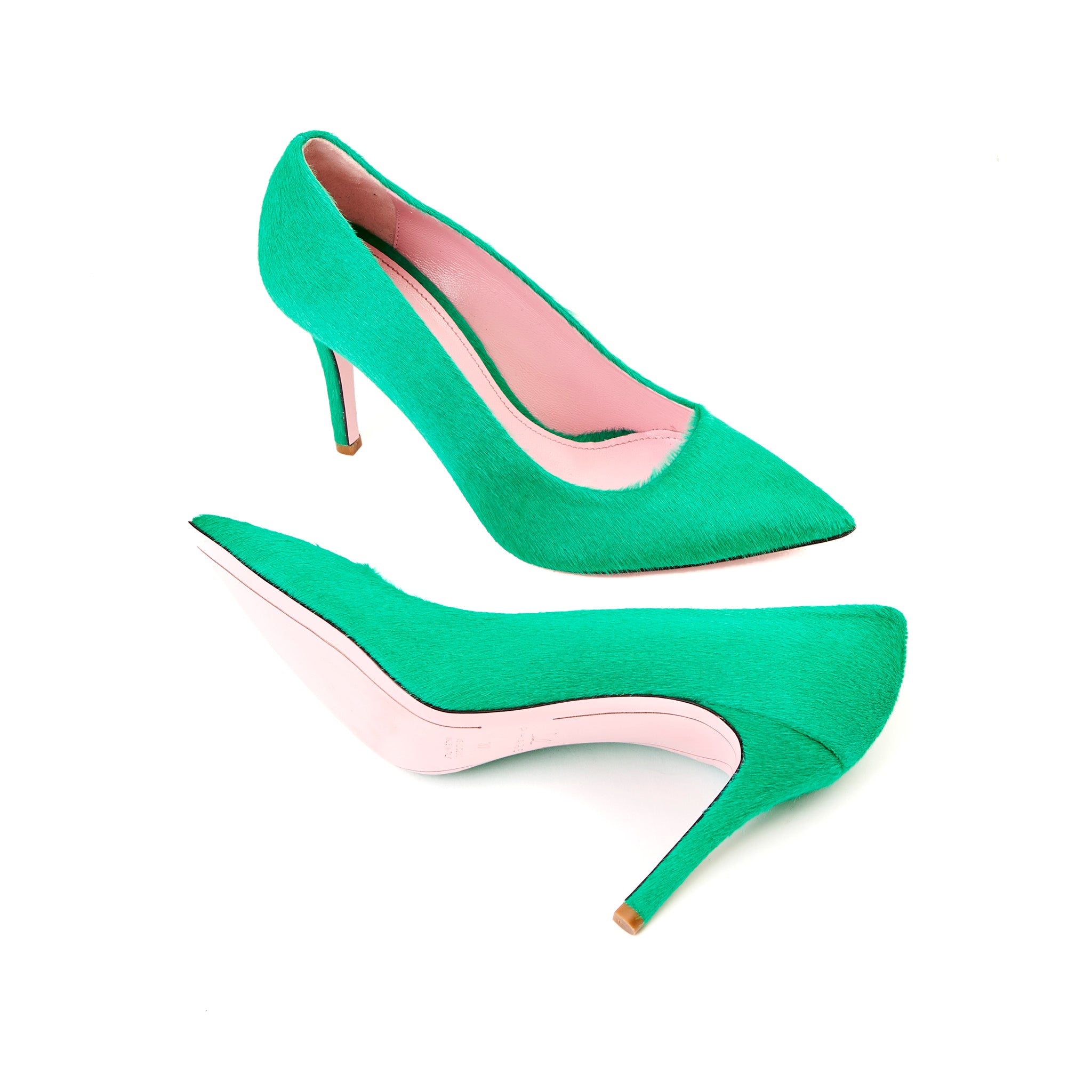 Phare slim heel pump in malachite pony hair sole view