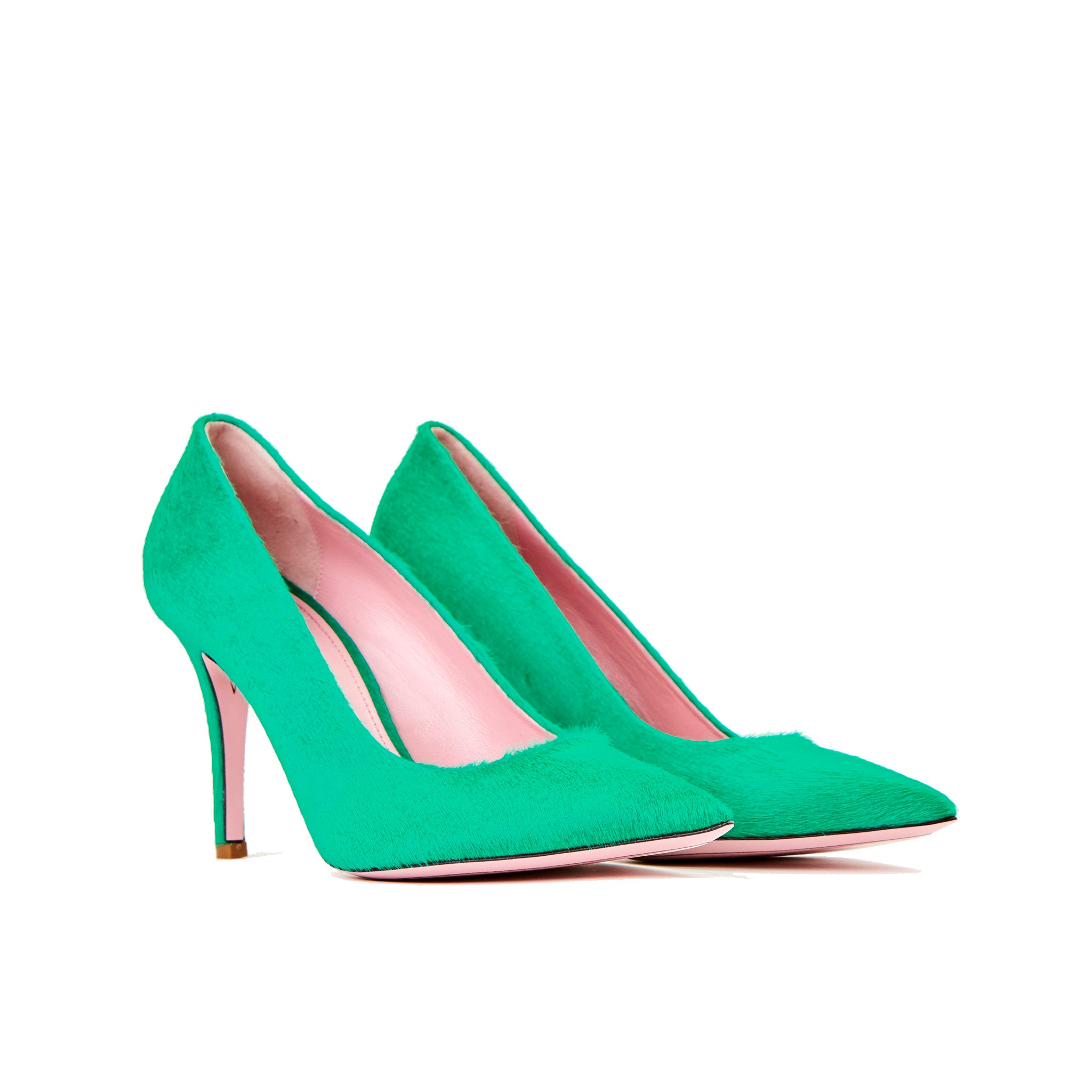 Phare slim heel pump in malachite pony hair 3/4 view