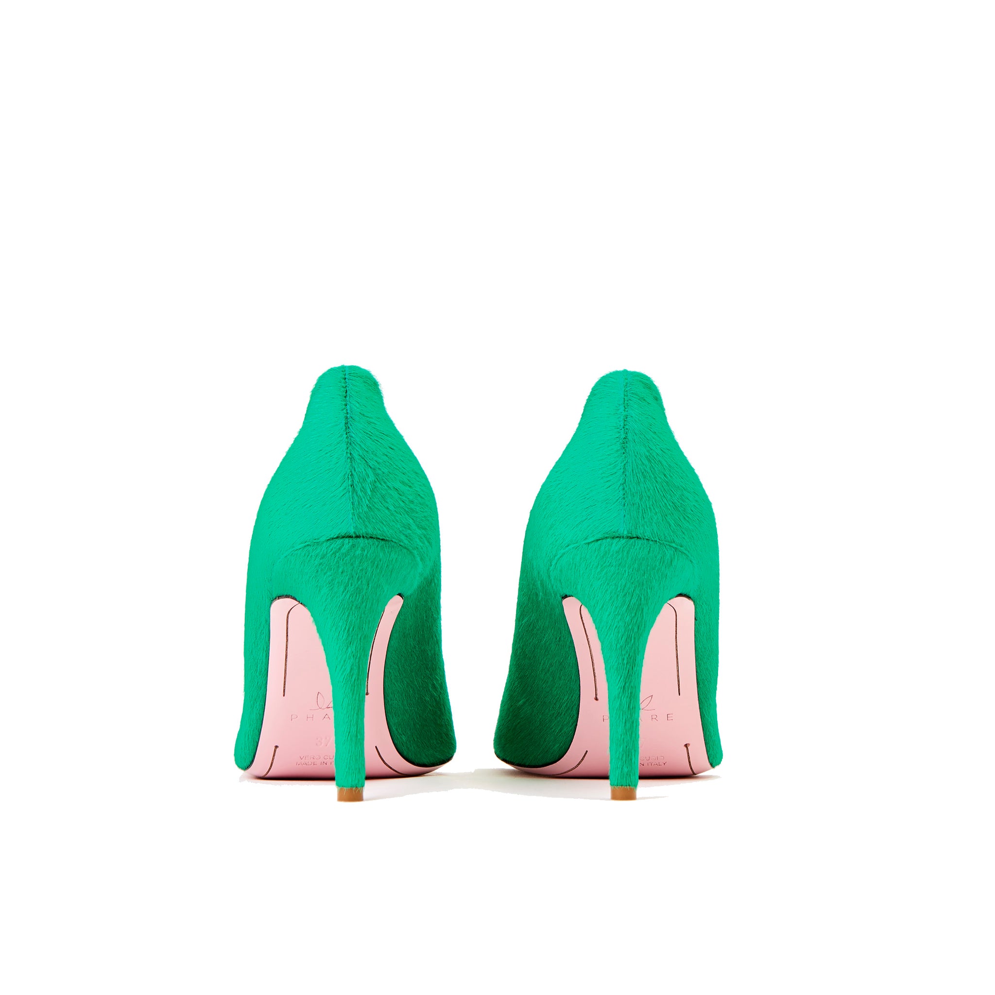 Phare slim heel pump in malachite pony hair back view