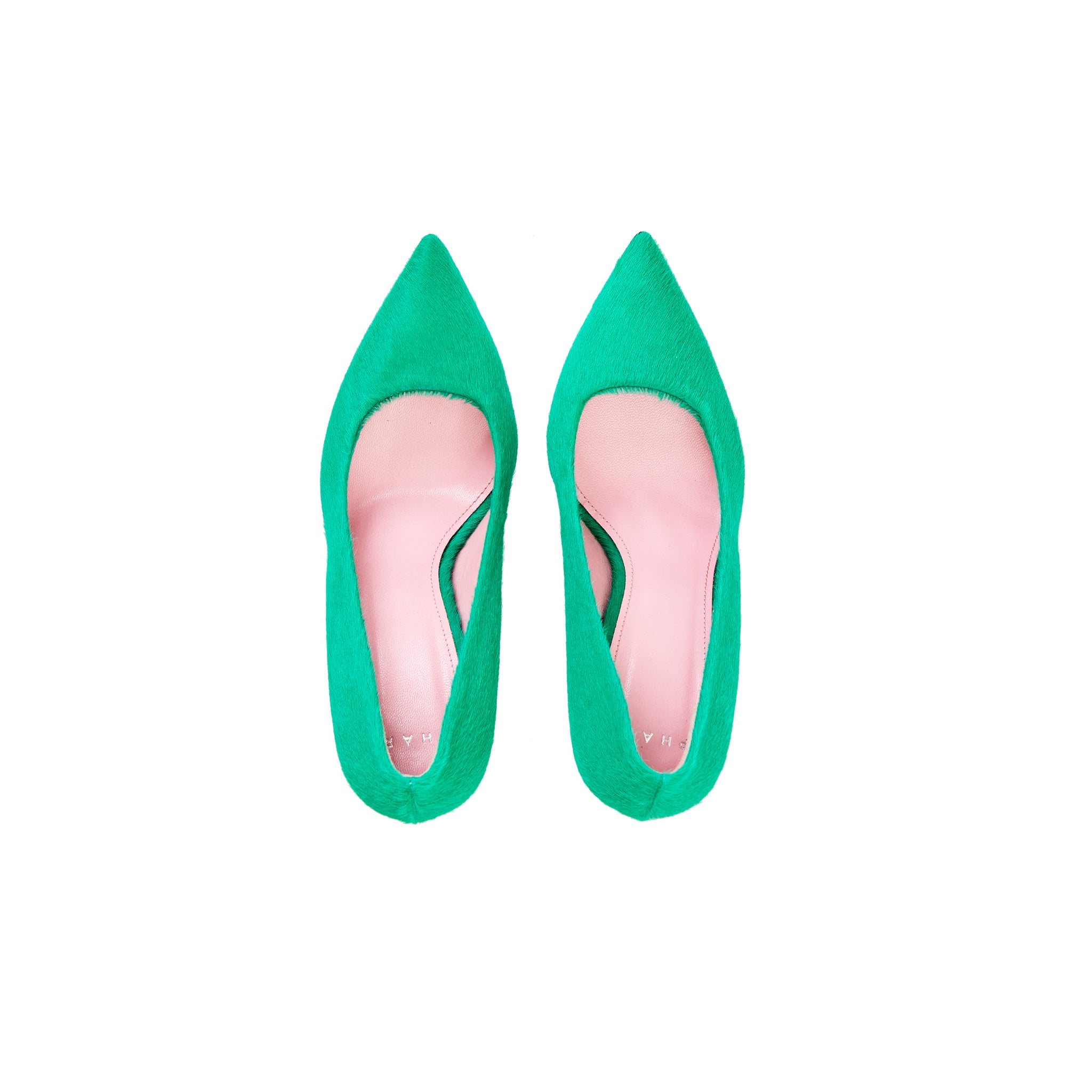 Phare slim heel pump in malachite pony hair top view