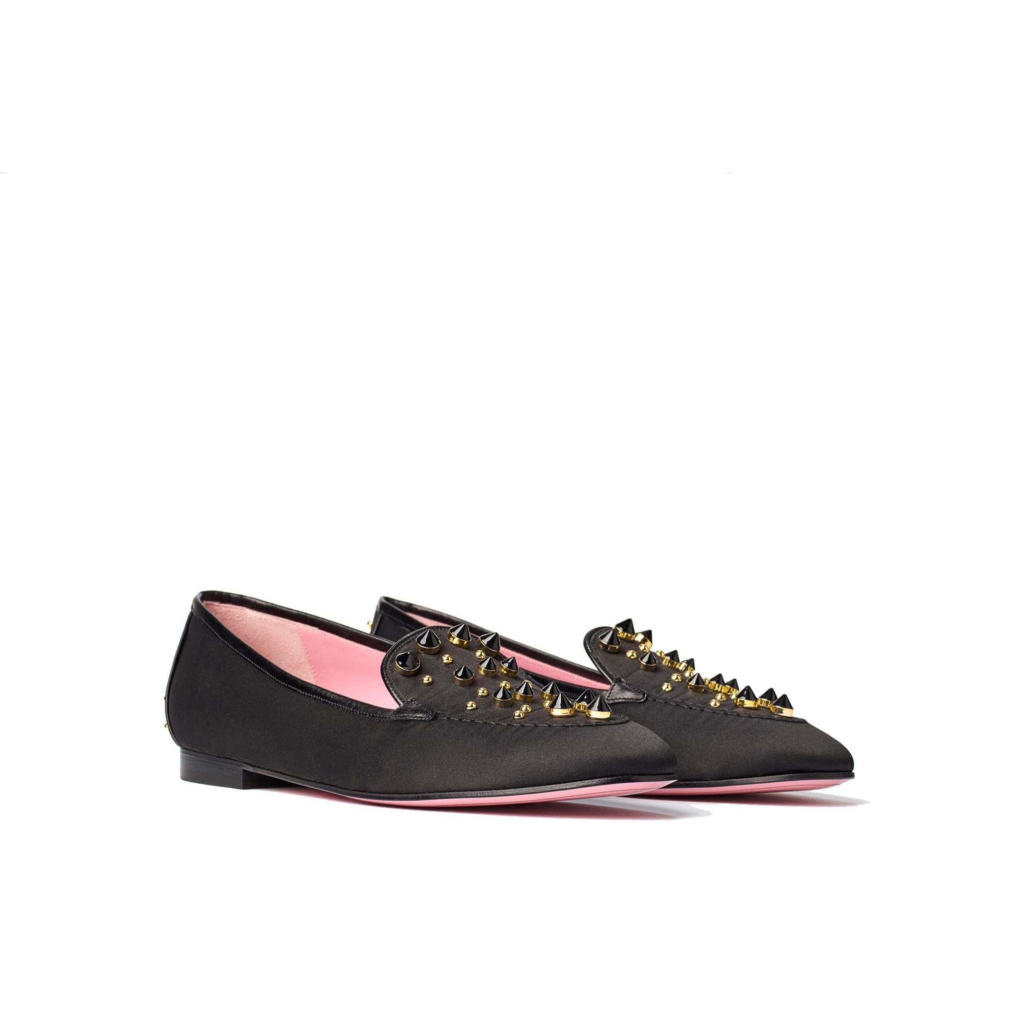 Phare studded loafer in black silk satin with black gold studs 3/4 view