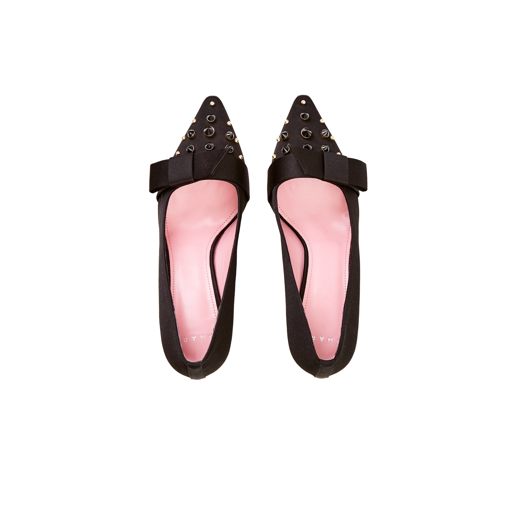 Phare studded kitten heel in black silk satin with black and gold studs top view