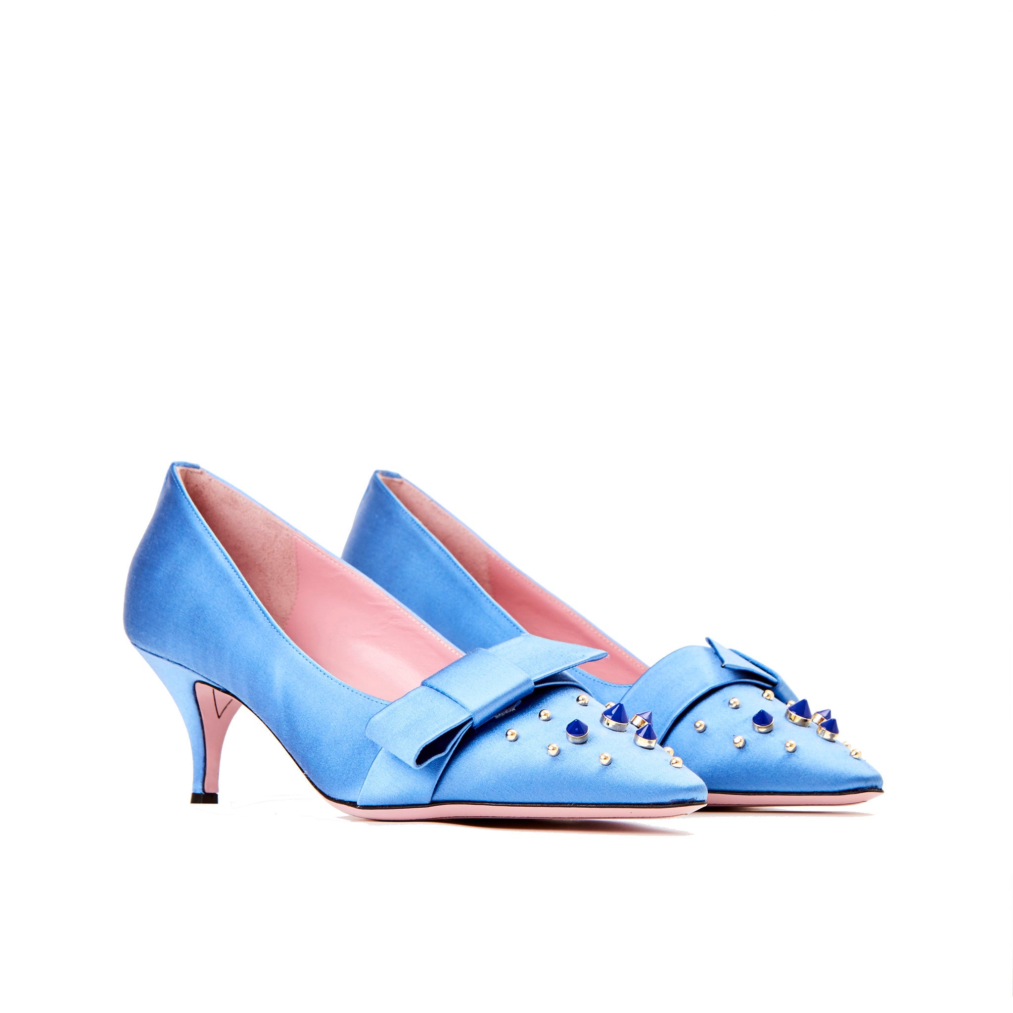 Phare studded kitten heel in blue silk satin  3/4 view