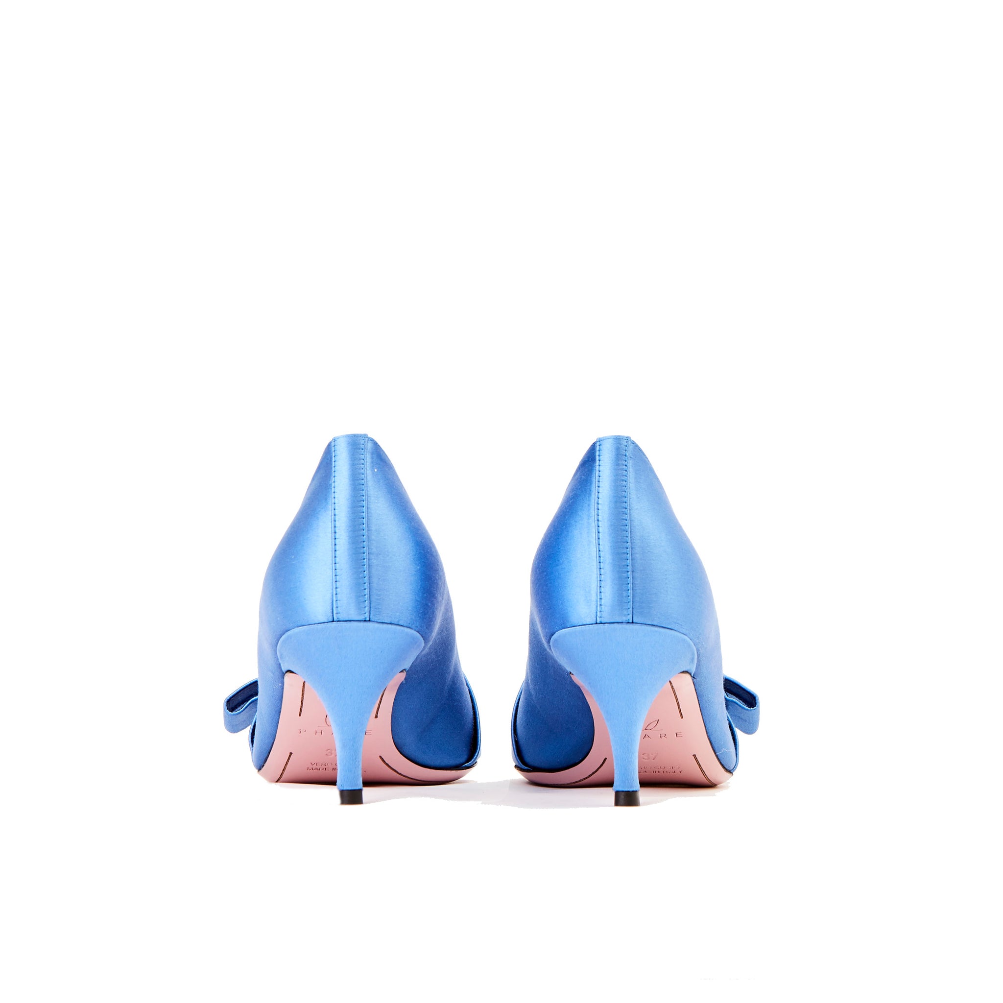 Phare studded kitten heel in blue silk satin top view