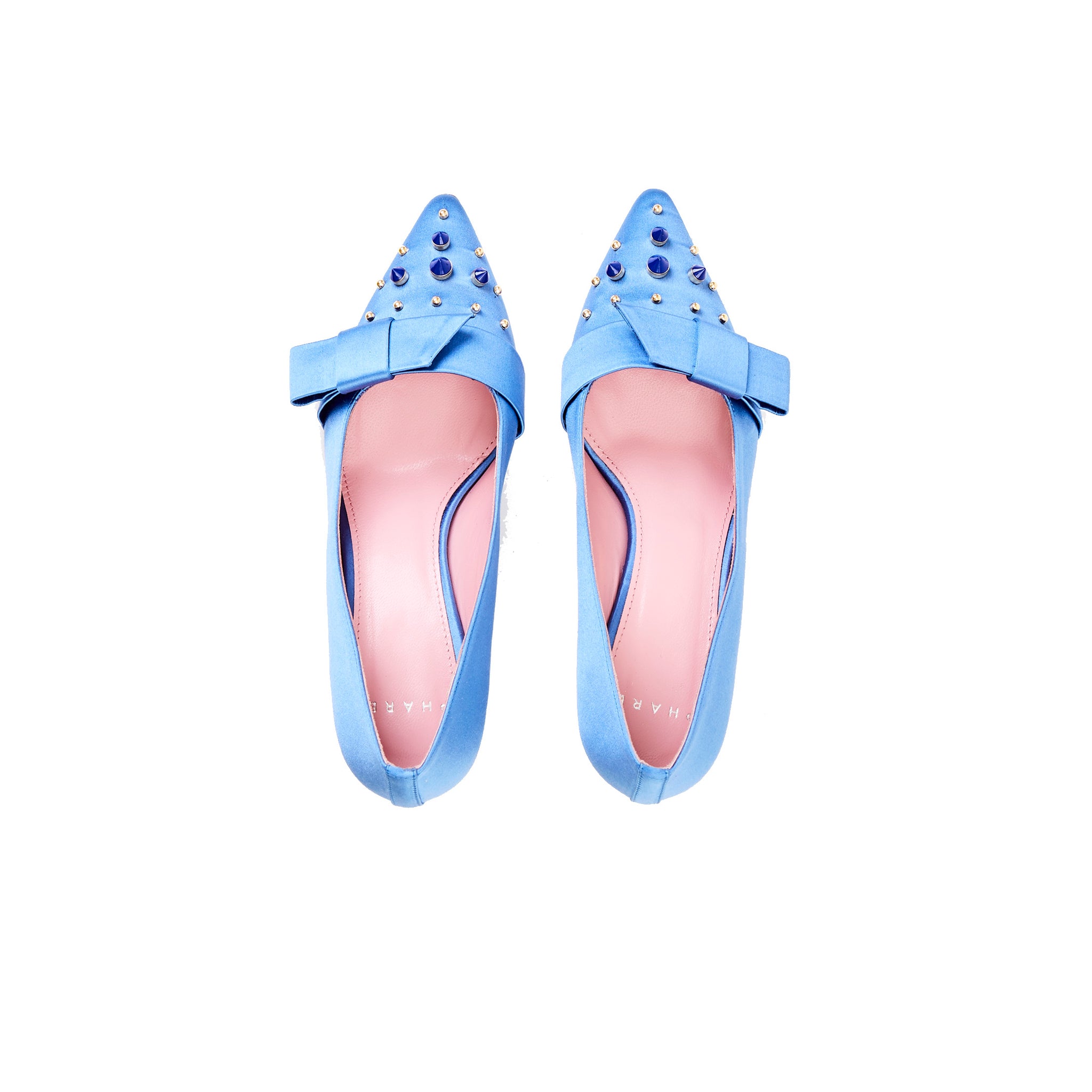 Phare studded kitten heel in blue silk satin back view