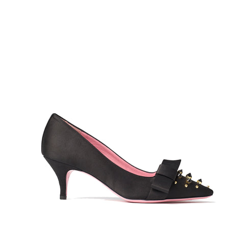 Phare studded kitten heel in black silk satin with black and gold studs