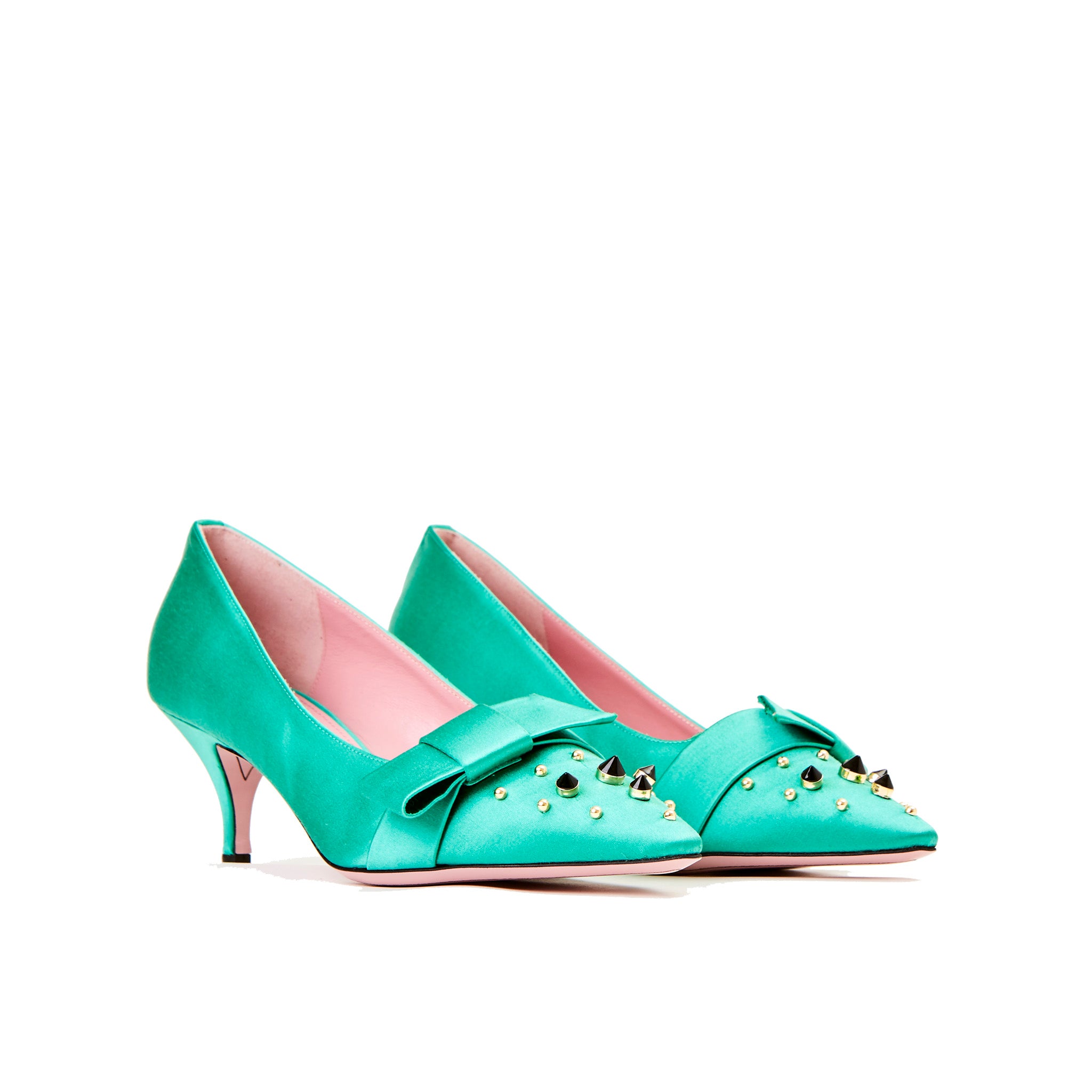 Phare studded kitten heel in verde silk satin with black and gold studs 3/4  view