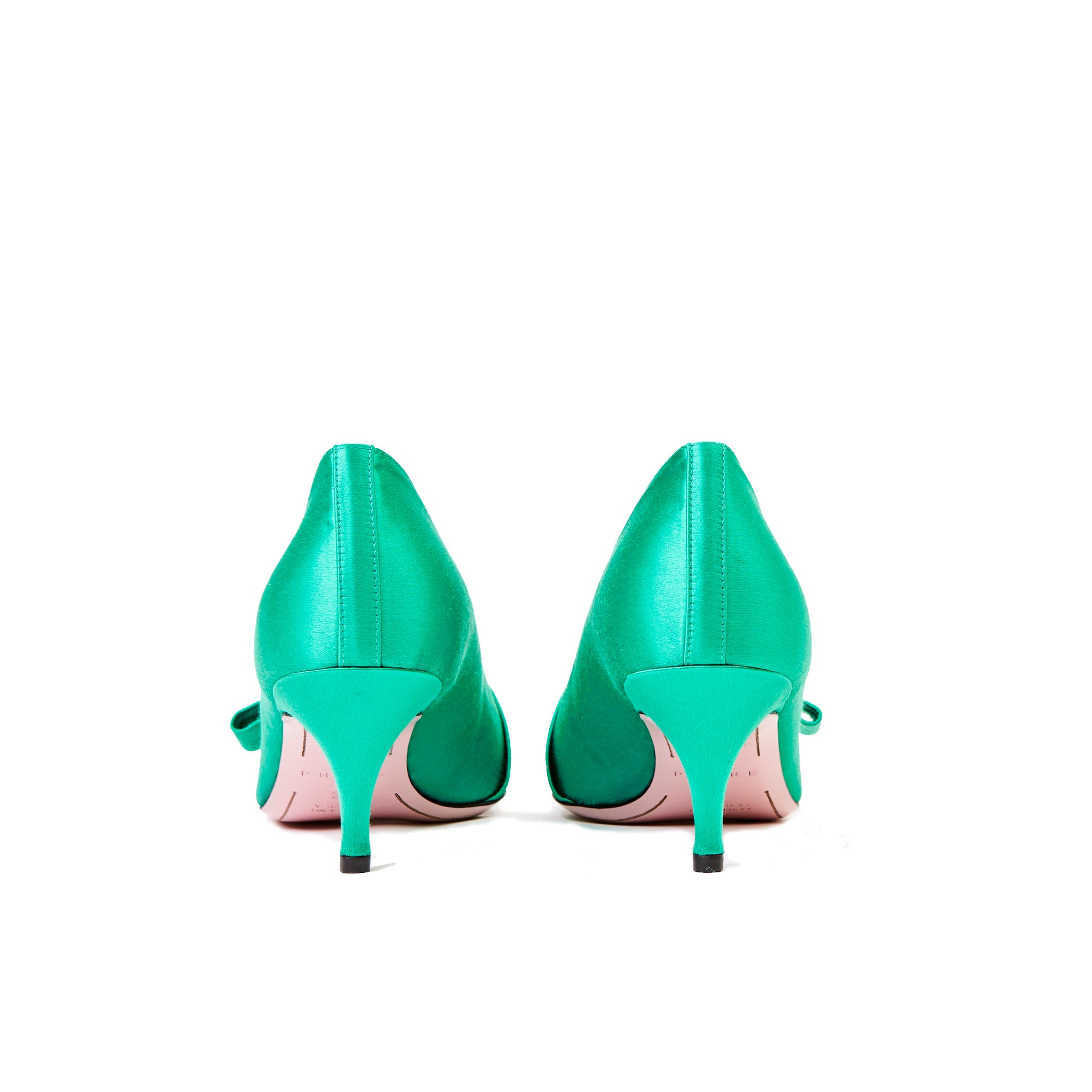 Phare studded kitten heel in verde silk satin with black and gold studs back view 