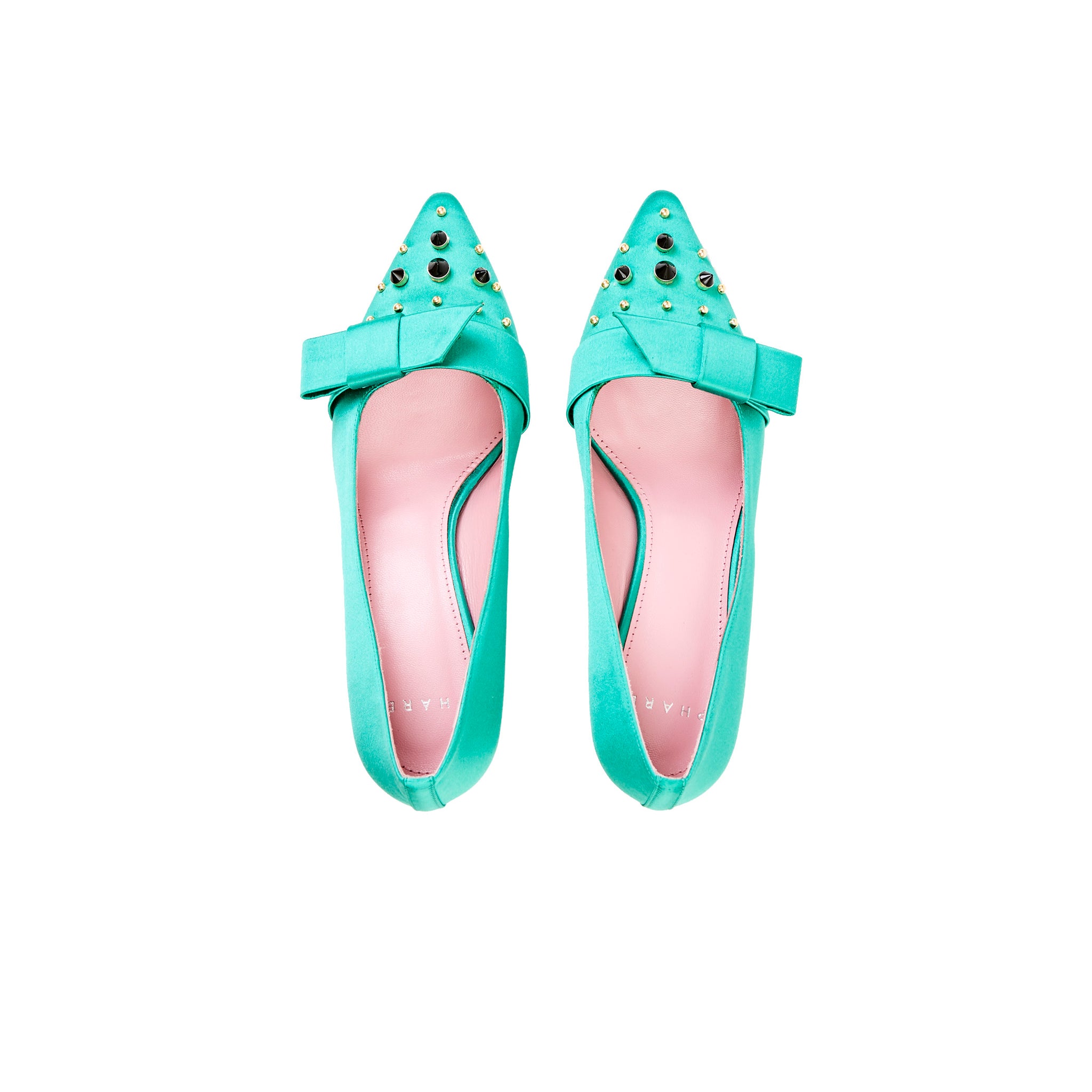 Phare studded kitten heel in verde silk satin with black and gold studs top view