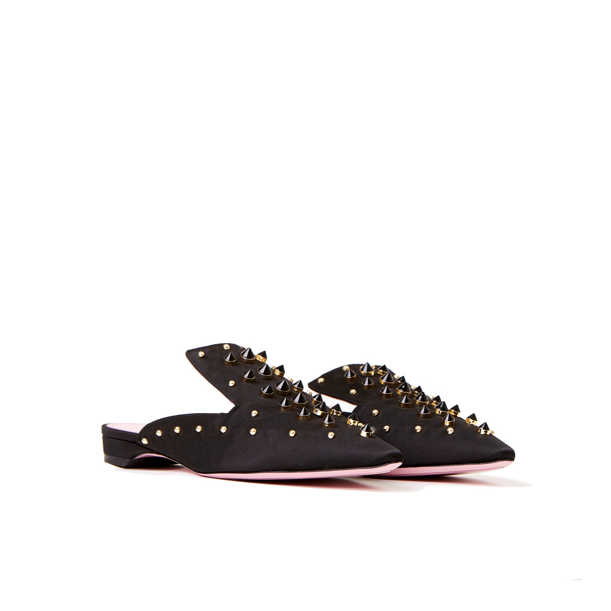 Phare Studded mule in black silk satin with gold and black studs3/4 view