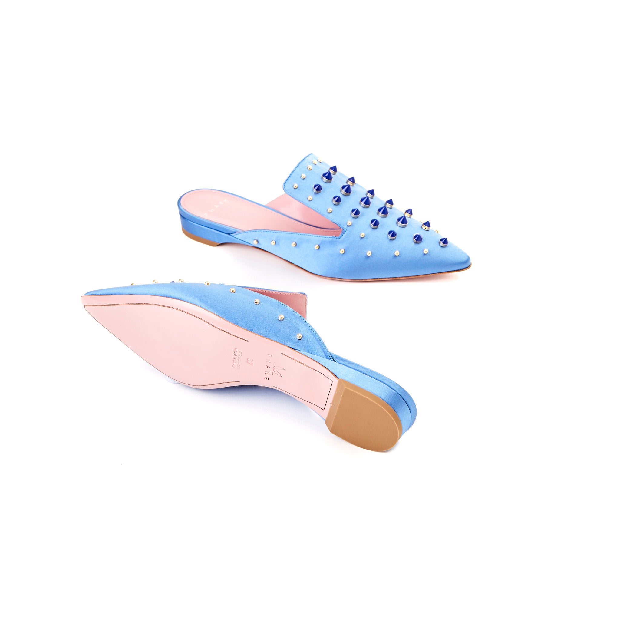 Phare Studded mule in cielo silk satin with blue and gold studs sole view