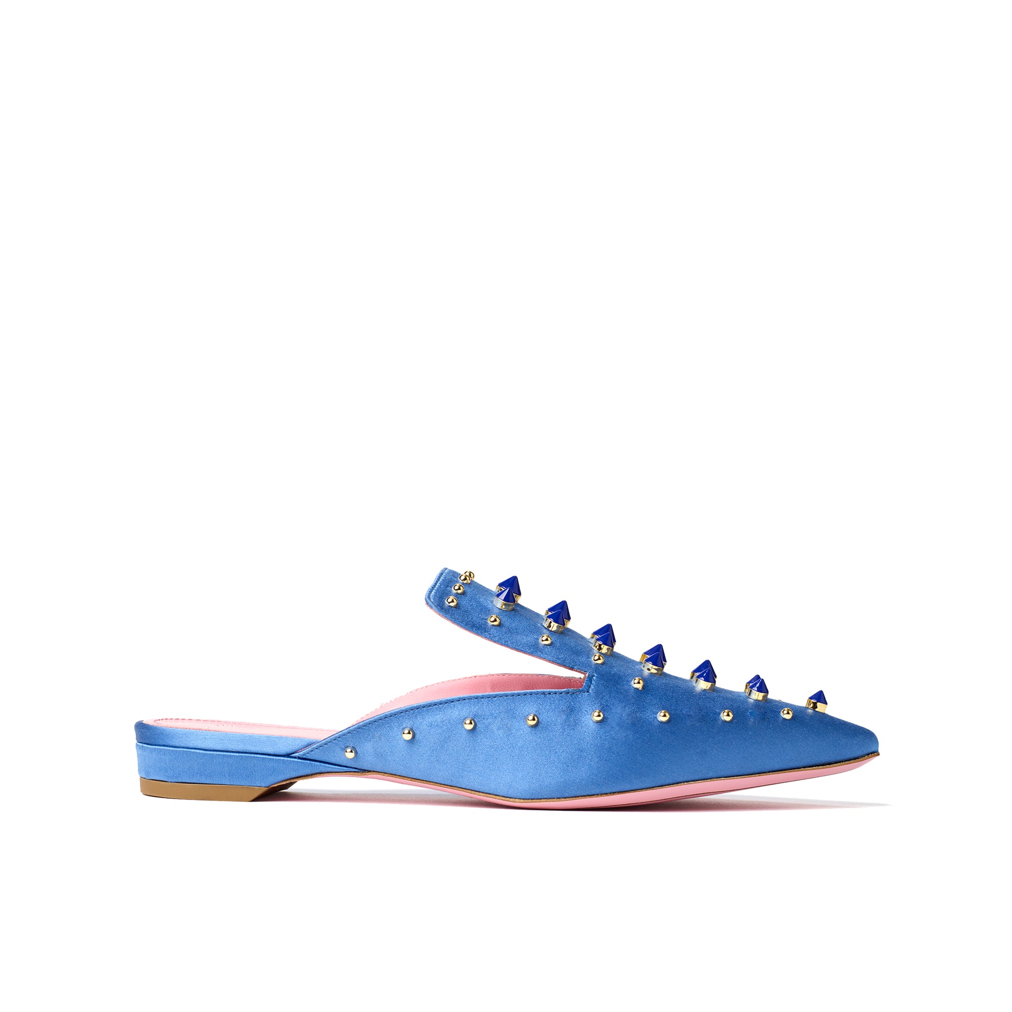Phare Studded mule in cielo silk satin with blue and gold studs