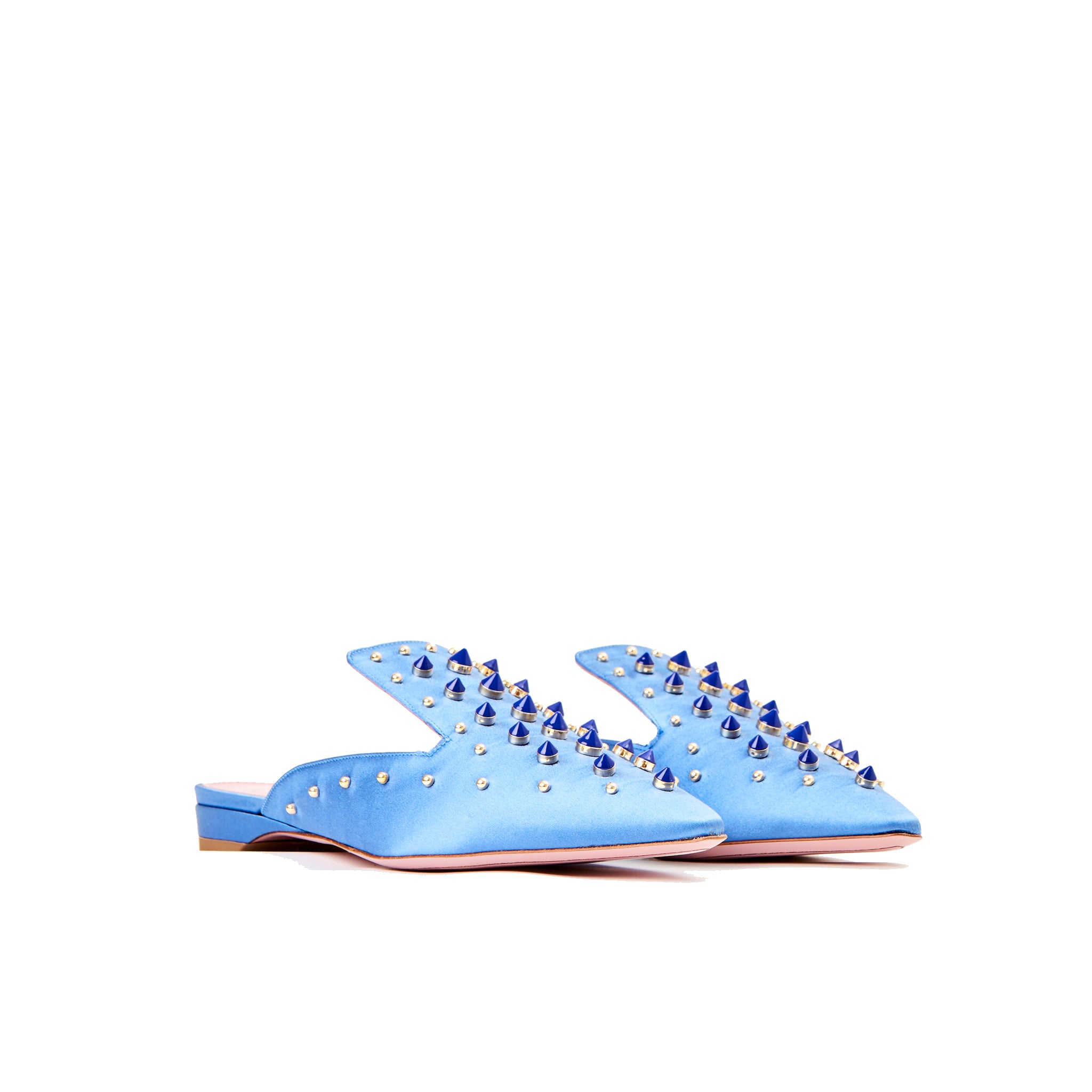 Phare Studded mule in cielo silk satin with blue and gold studs 3/4 view