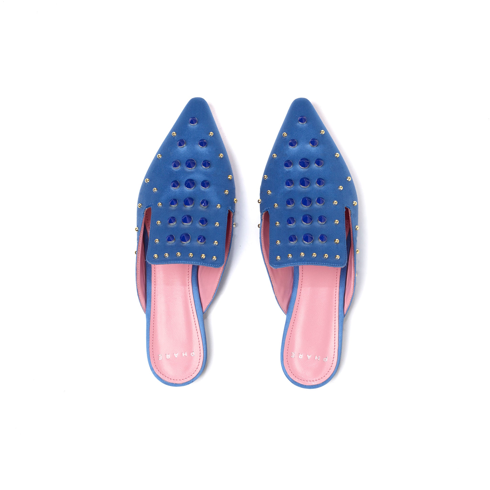 Phare Studded mule in cielo silk satin with blue and gold studs top view 