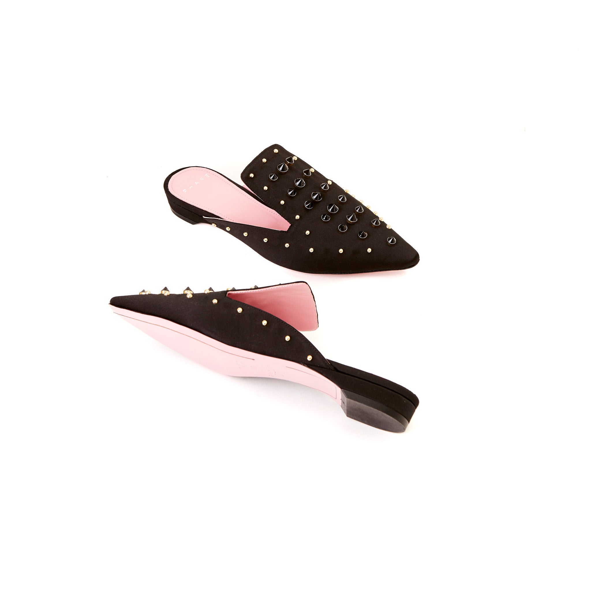 Phare Studded mule in black silk satin with gold and black studs sole view