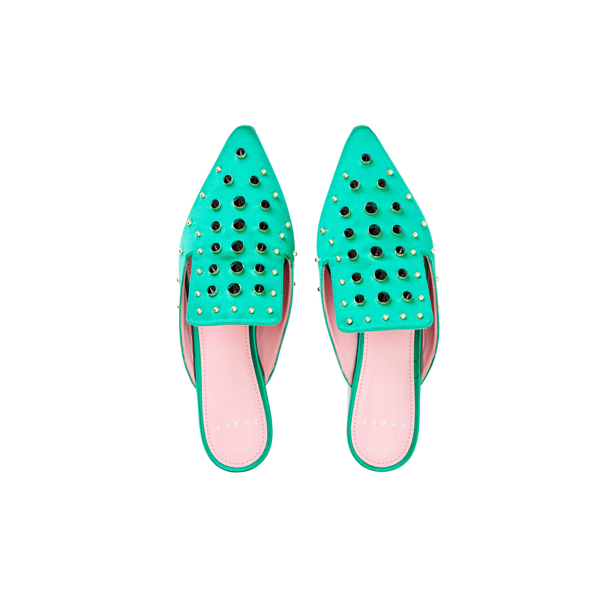 Phare Studded mule in verde silk satin with black and gold studs top view 