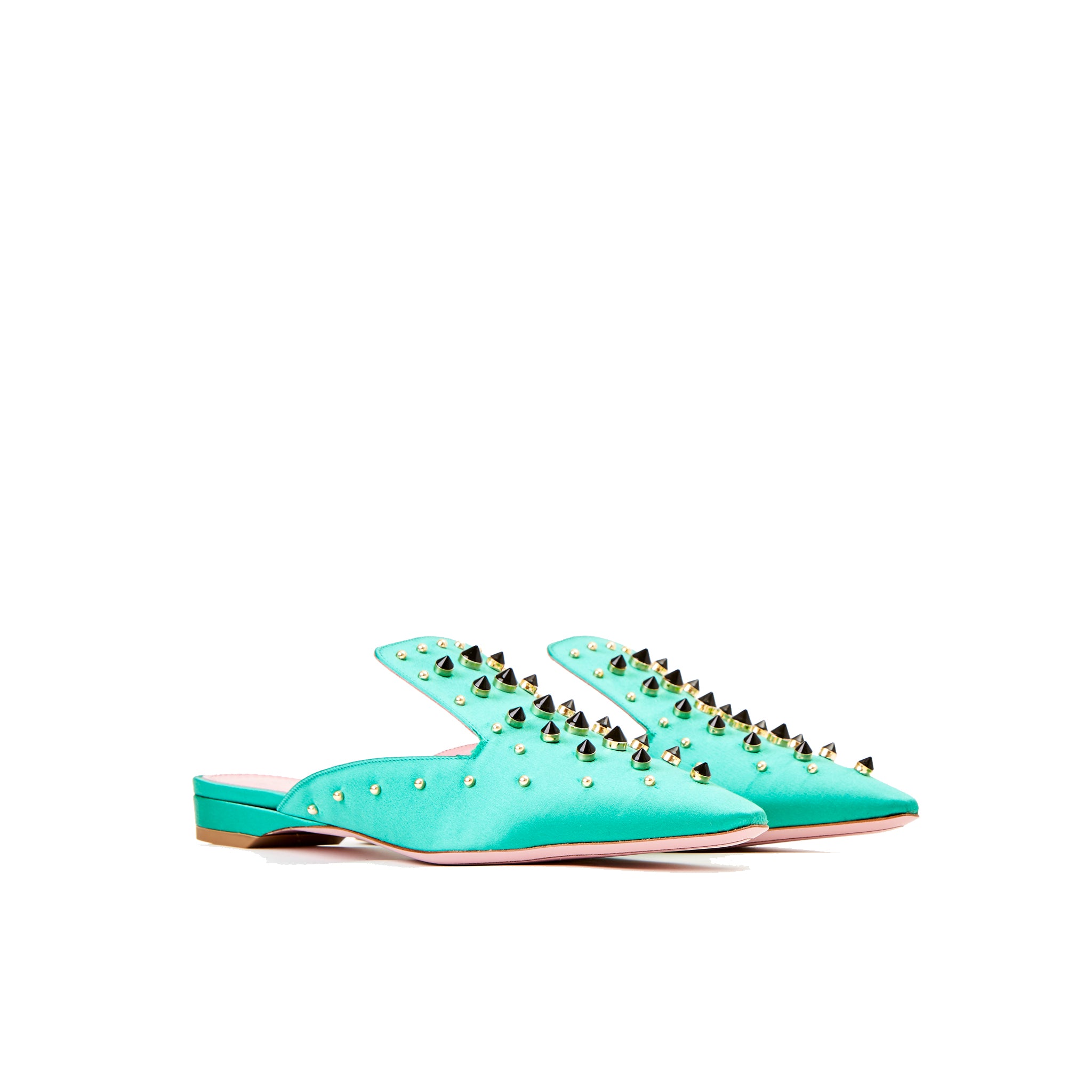 Phare Studded mule in verde silk satin with black and gold studs3/4 view