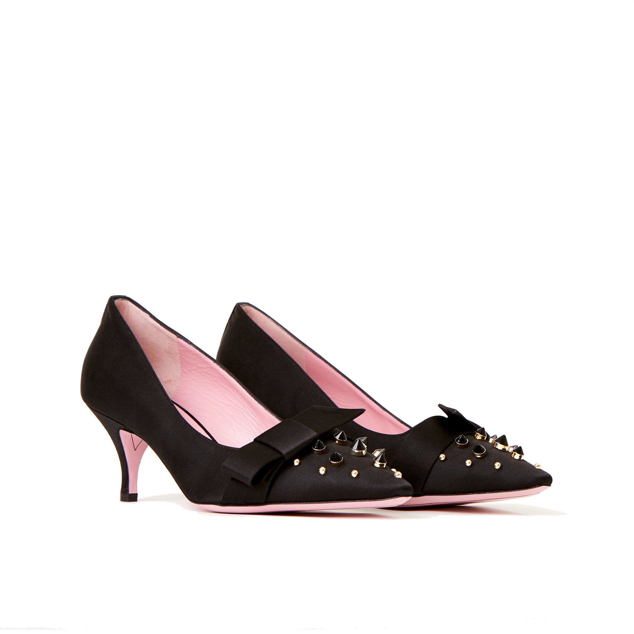Phare studded kitten heel in black silk satin with black and gold studs 3/4 view