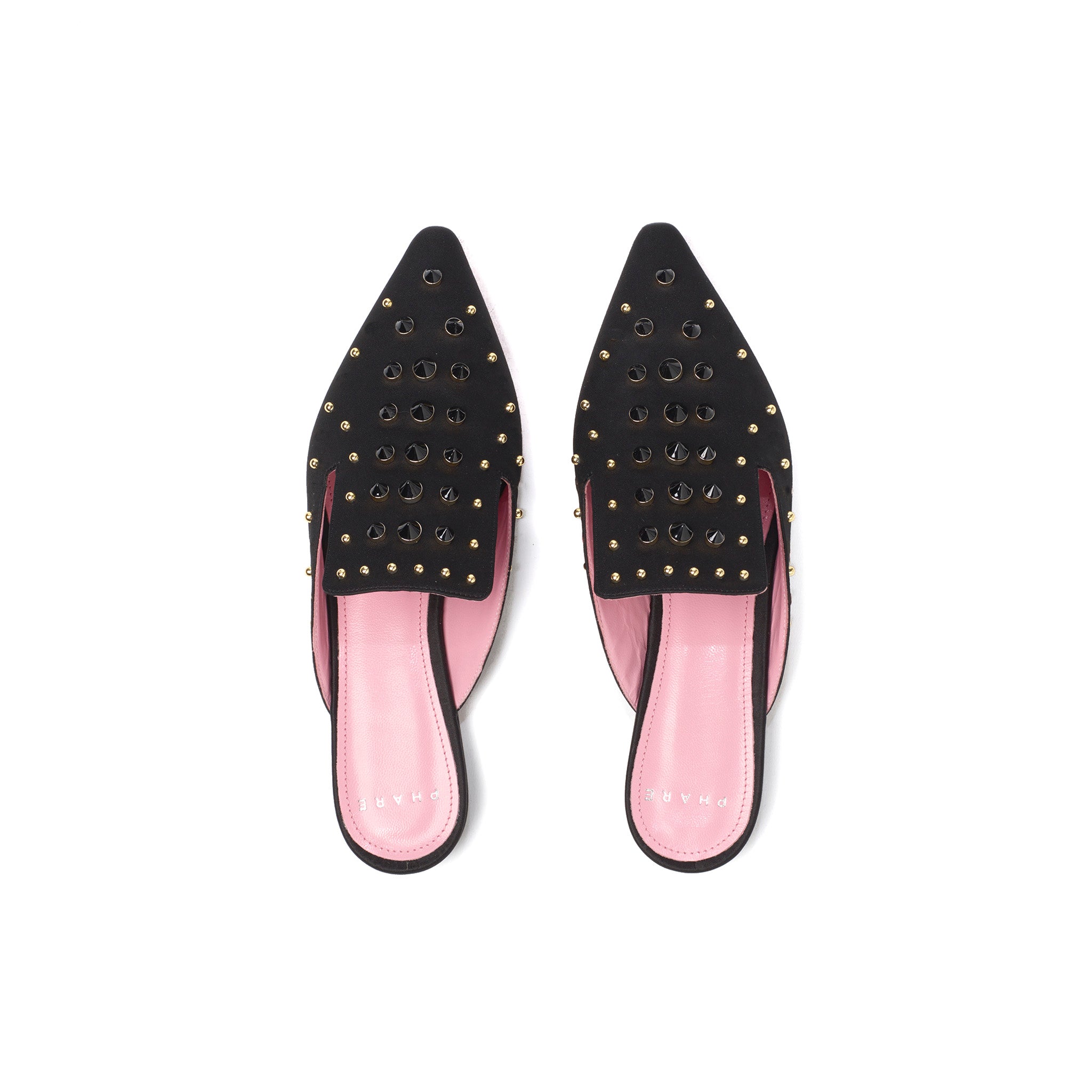 Phare Studded mule in black silk satin with gold and black studs top view 