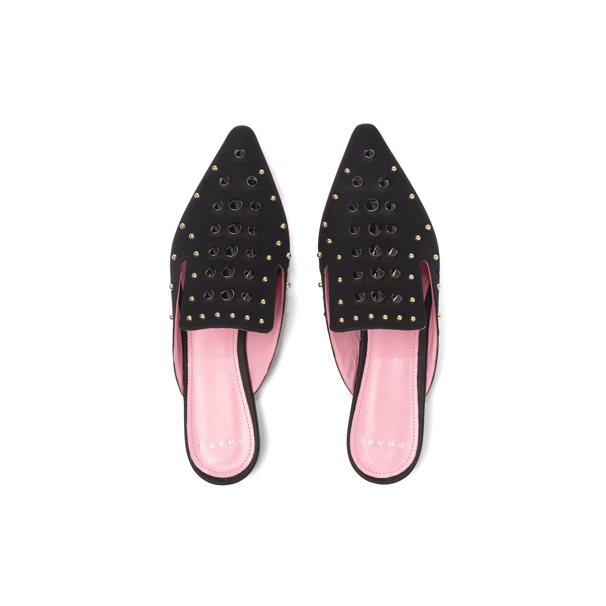Phare Studded mule in black silk satin with gold and black studs top view