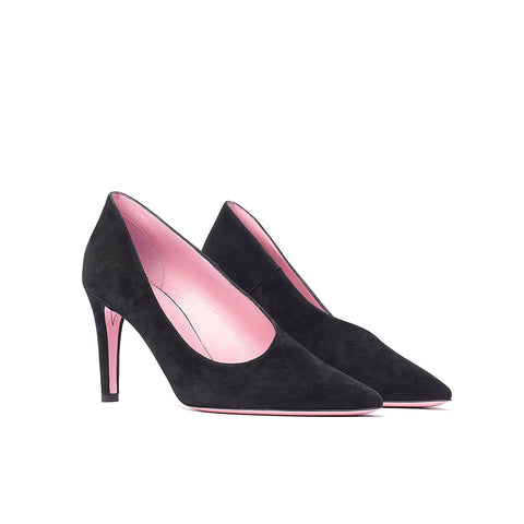 Phare asymmetrical pump in black suede 3/4 view