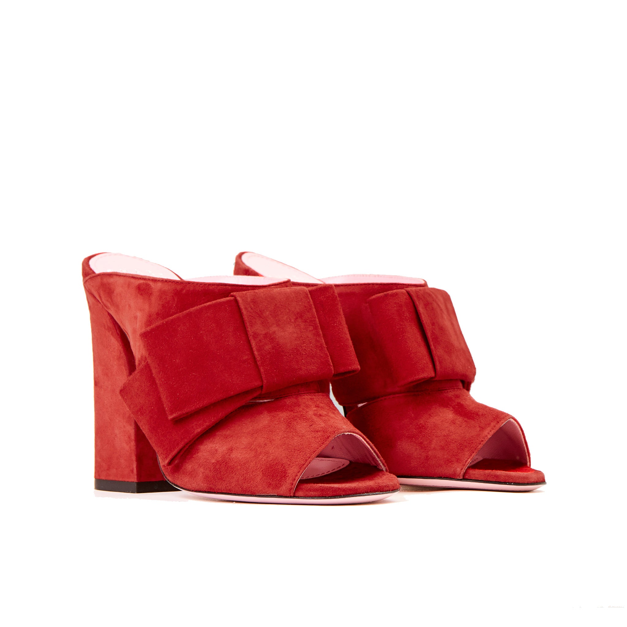 Phare High heel block heel mule with bow in rosso suede 3/4 view