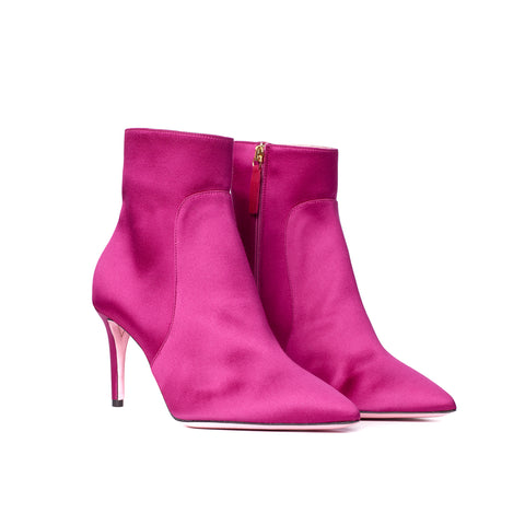 Phare classic heel Fuchsia Satin high heel boot, made in Italy 3/4 view 