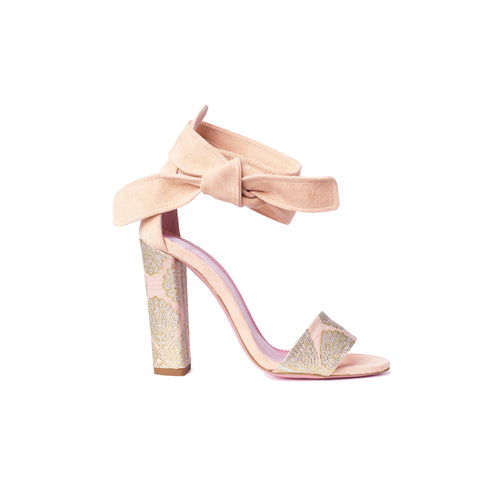 Phare Ankle tie block heel with metallic brocade heel and soft peach suede