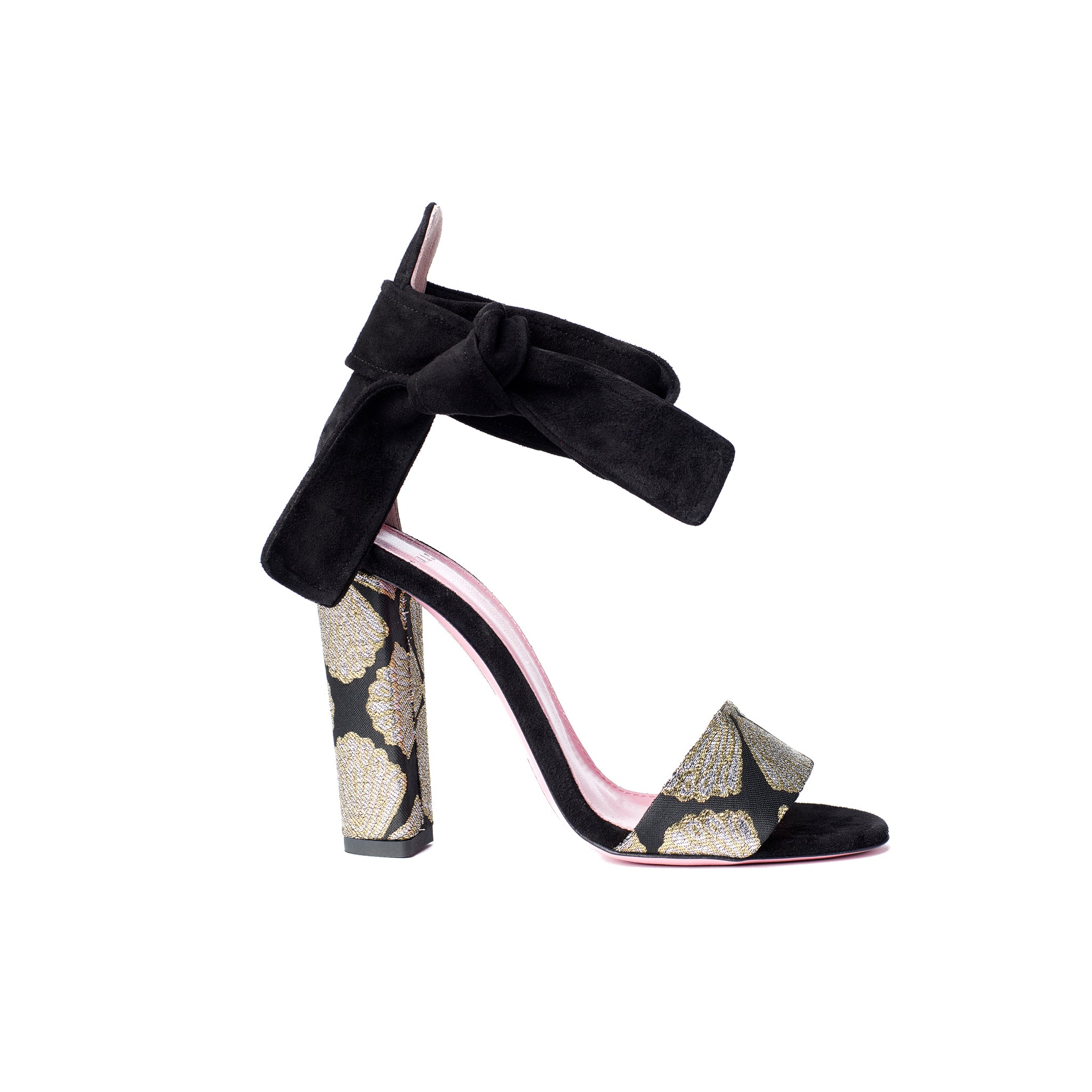 Phare Ankle tie block heel with metallic brocade heel and black suede