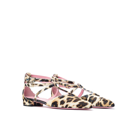 Phare ankle strap pointed flat in leopard pony hair  3/4 view 