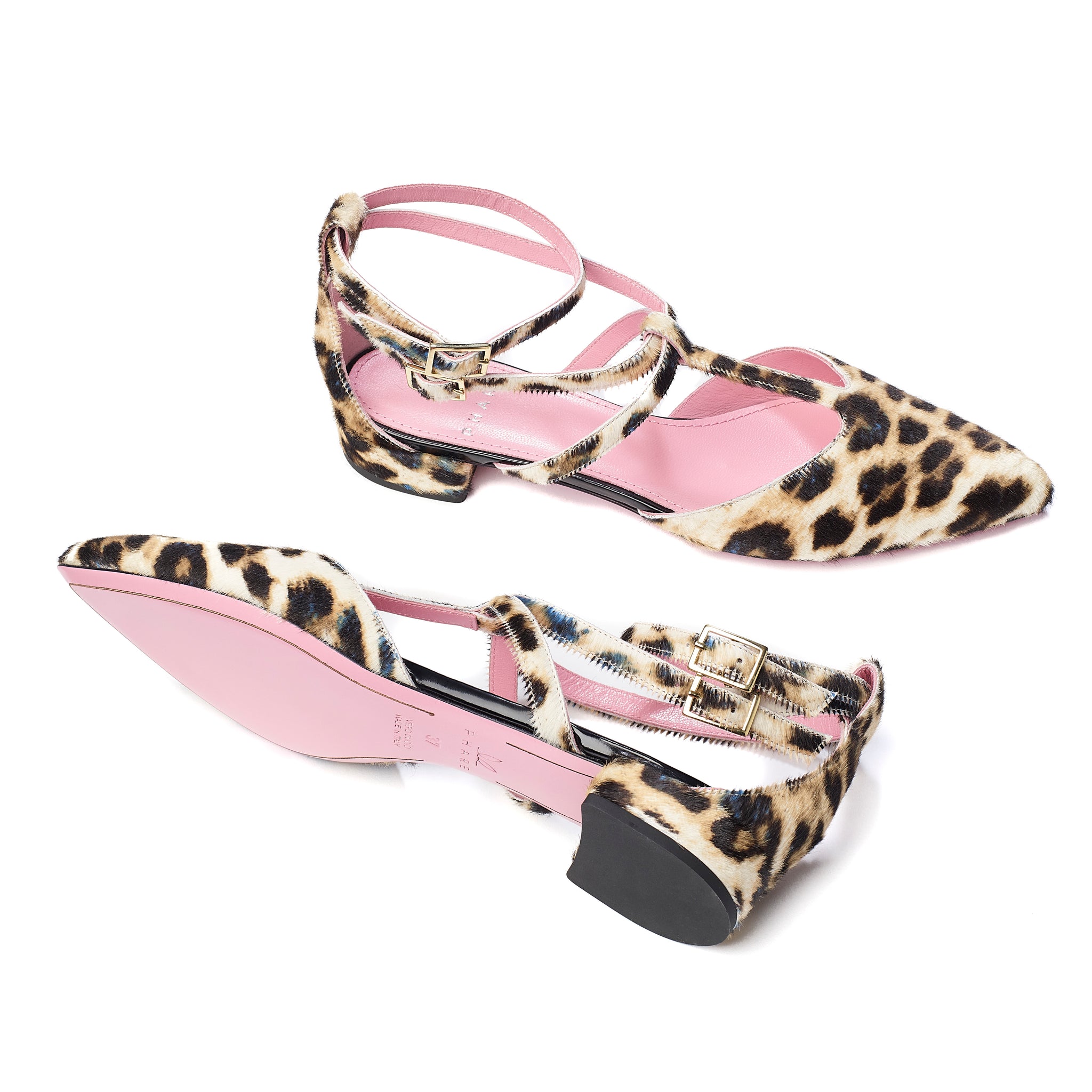 Phare ankle strap pointed flat in leopard pony hair  sole view  