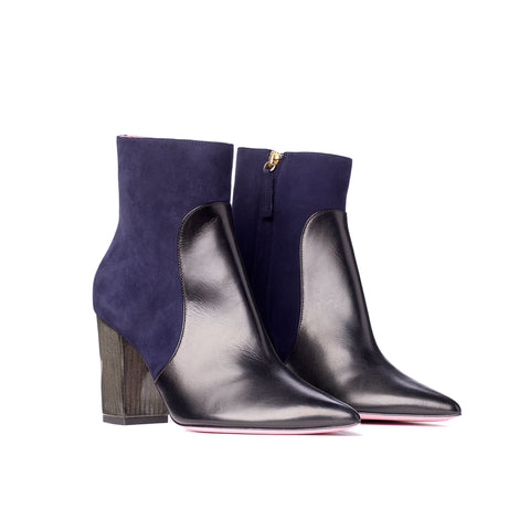 Phare Pointed block heel boot in navy suede and black leather 3/4 view 