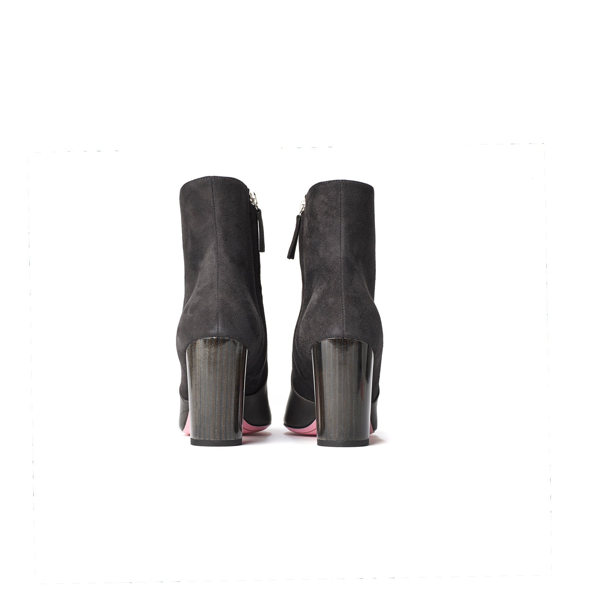 Phare Pointed block heel boot in carbone suede and leather made in Italy back view 