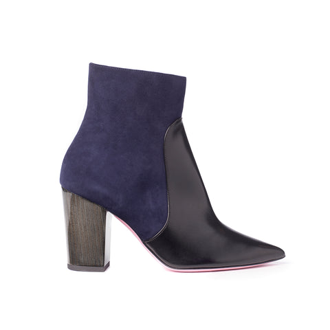 Phare Pointed block heel boot in navy suede and black leather made in Italy