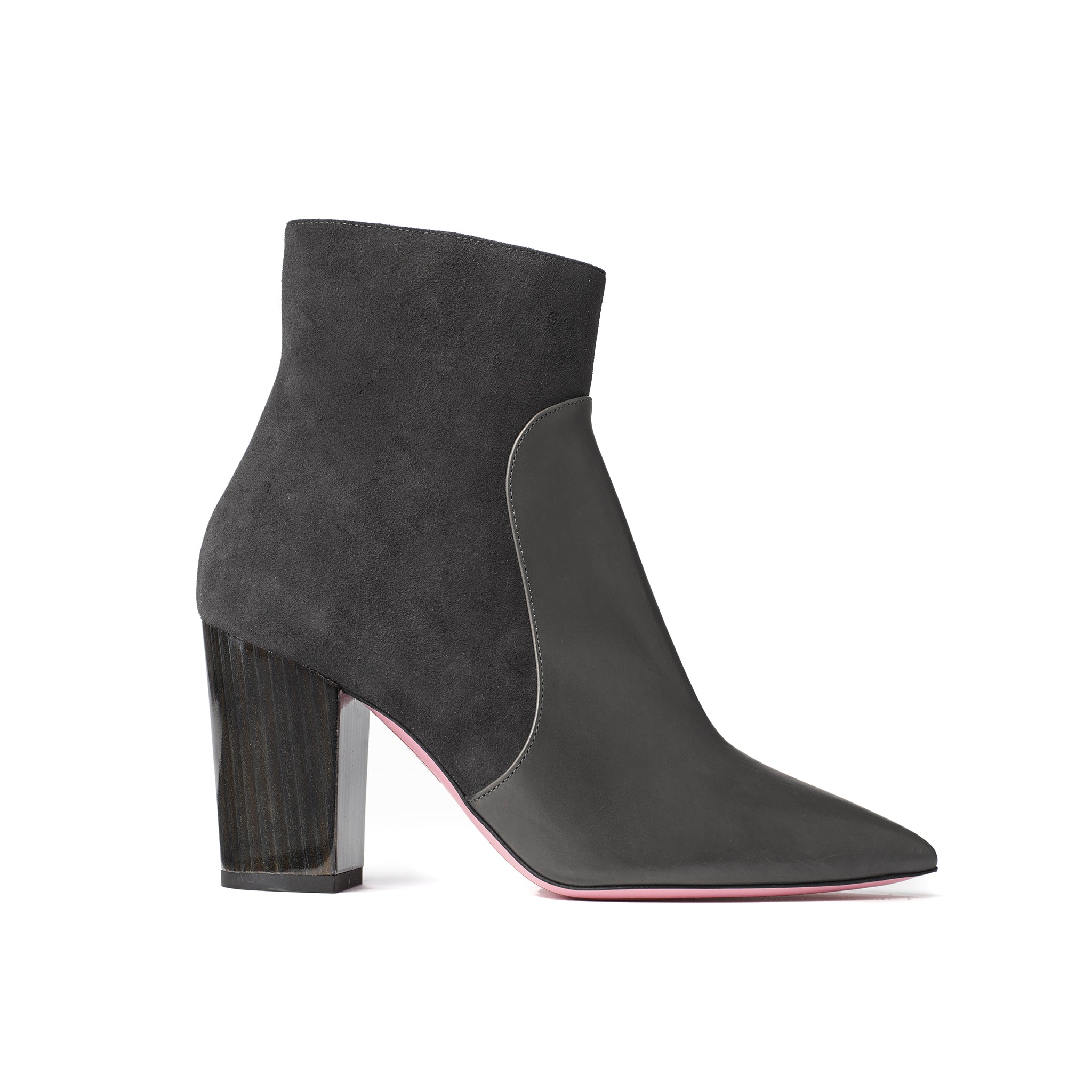 Phare Pointed block heel boot in carbone suede and leather made in Italy