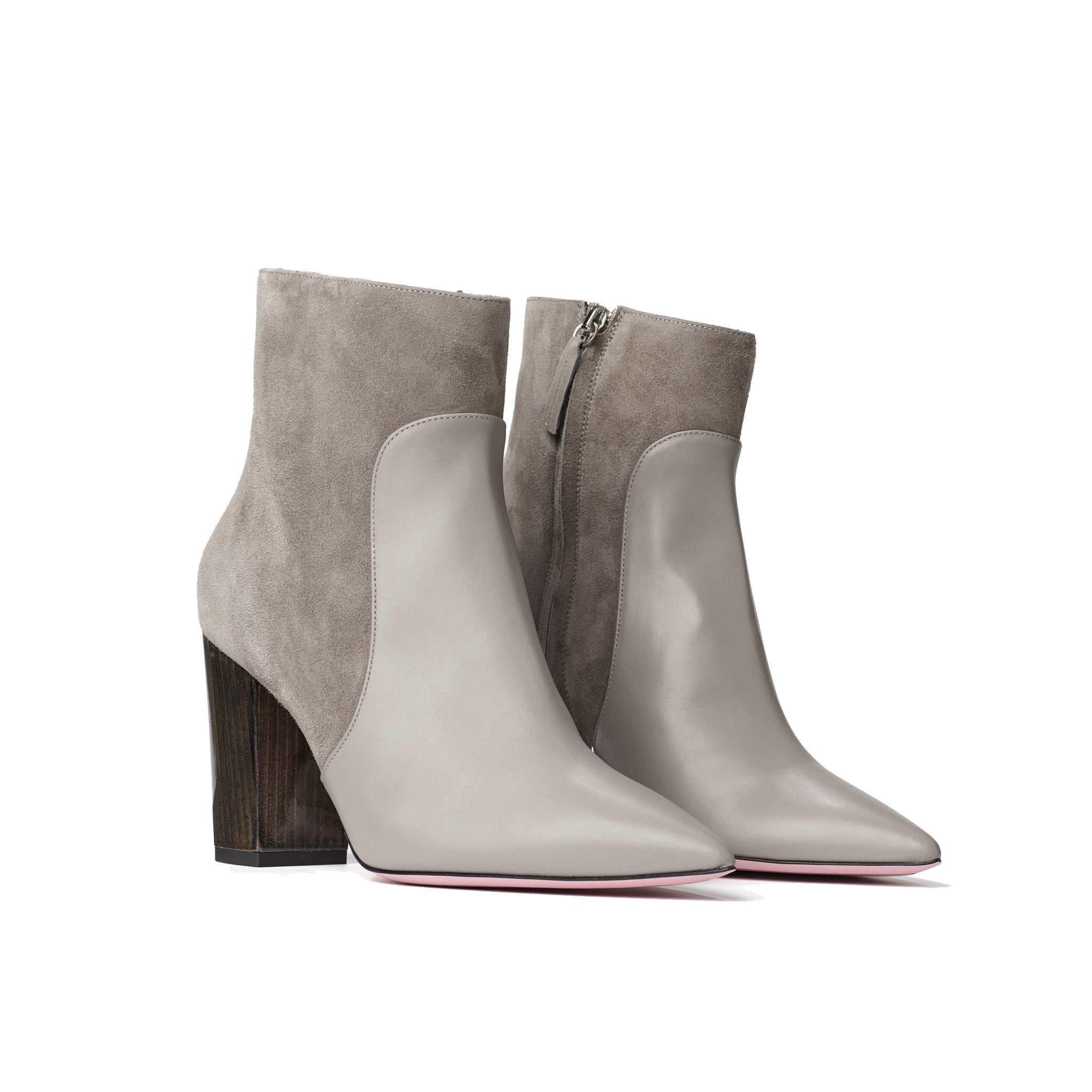 Phare Pointed block heel boot in cemento suede and leather made in Italy 3/4 view 