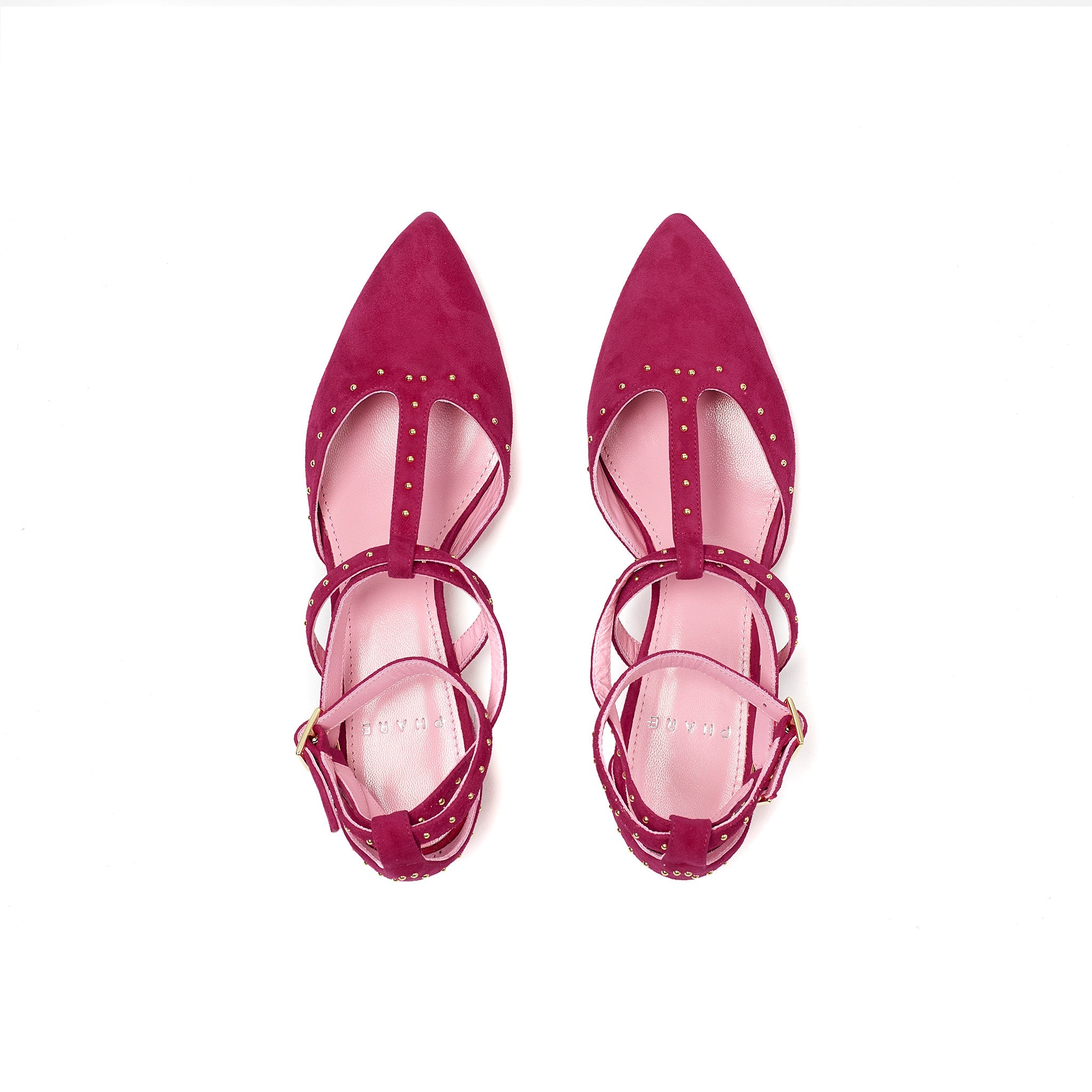 Phare Studded pointed flat in azalea suede with gold studs top view 