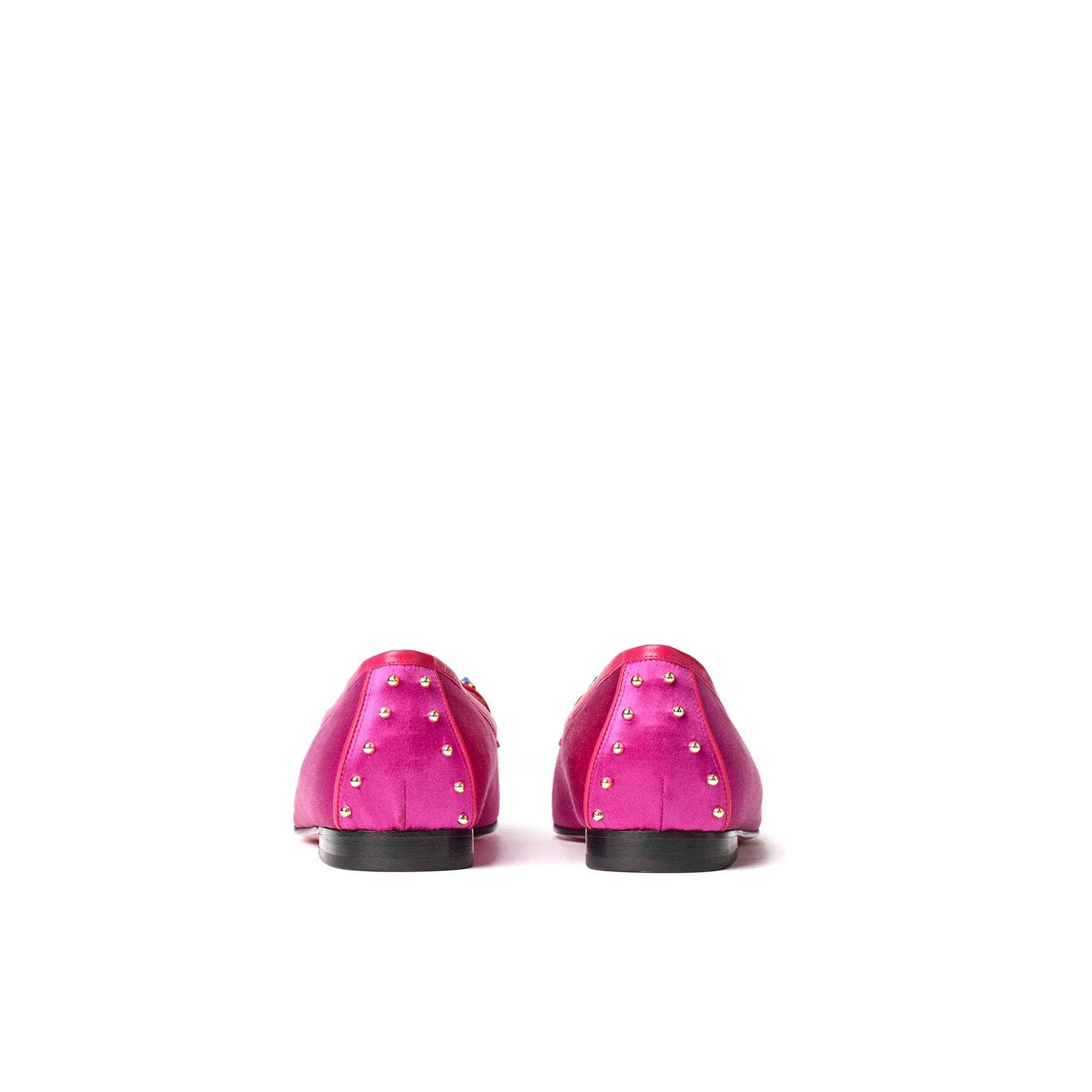 Phare Studded loafer in magenta silk satin with blue and gold studs top view 