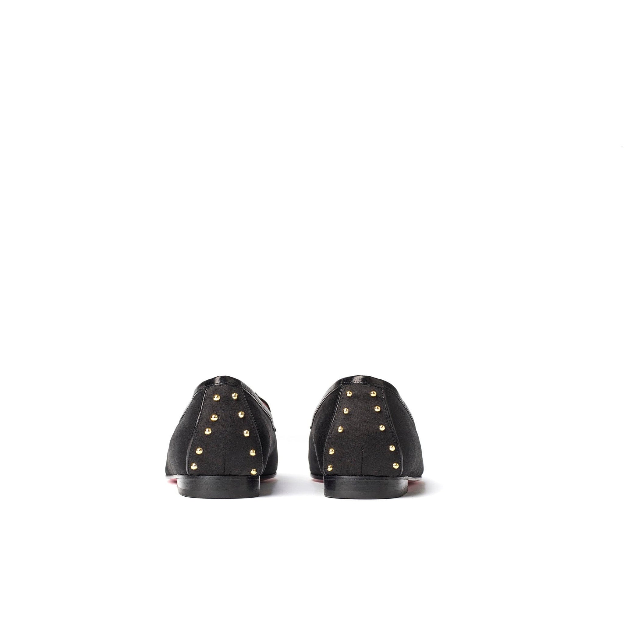 Phare studded loafer in black silk satin with black gold studs top view 