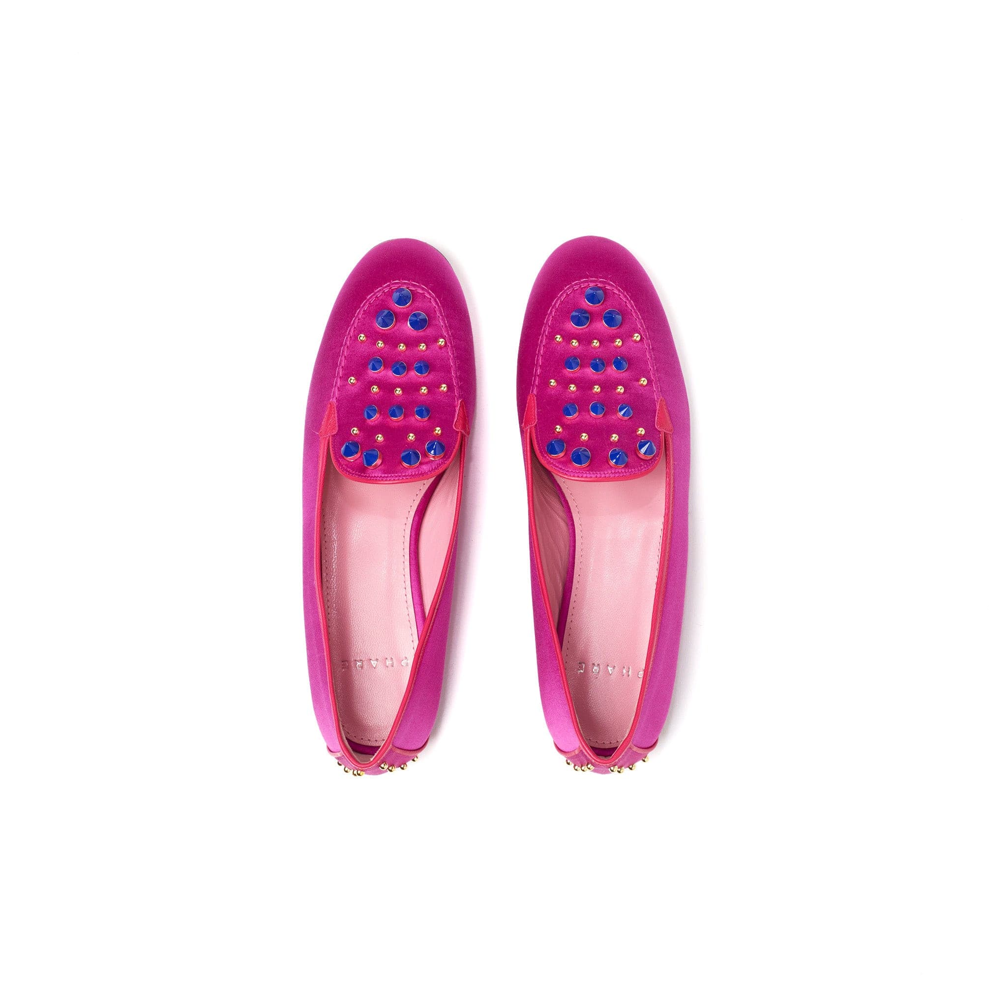 Phare Studded loafer in magenta silk satin with blue and gold studs back view 
