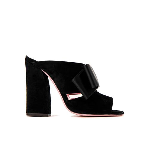 Phare High heel block heel mule with bow in black suede and satin
