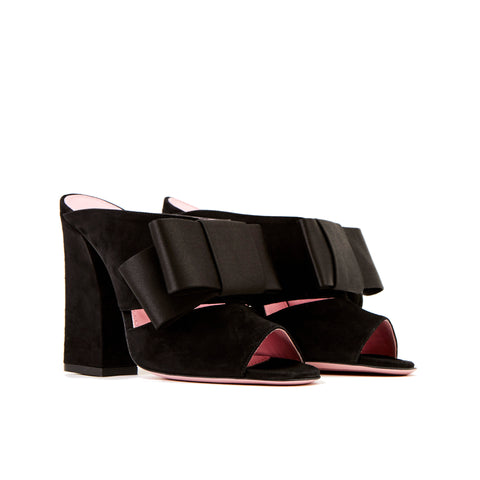 Phare High heel block heel mule with bow in black suede and satin 3/4 view 