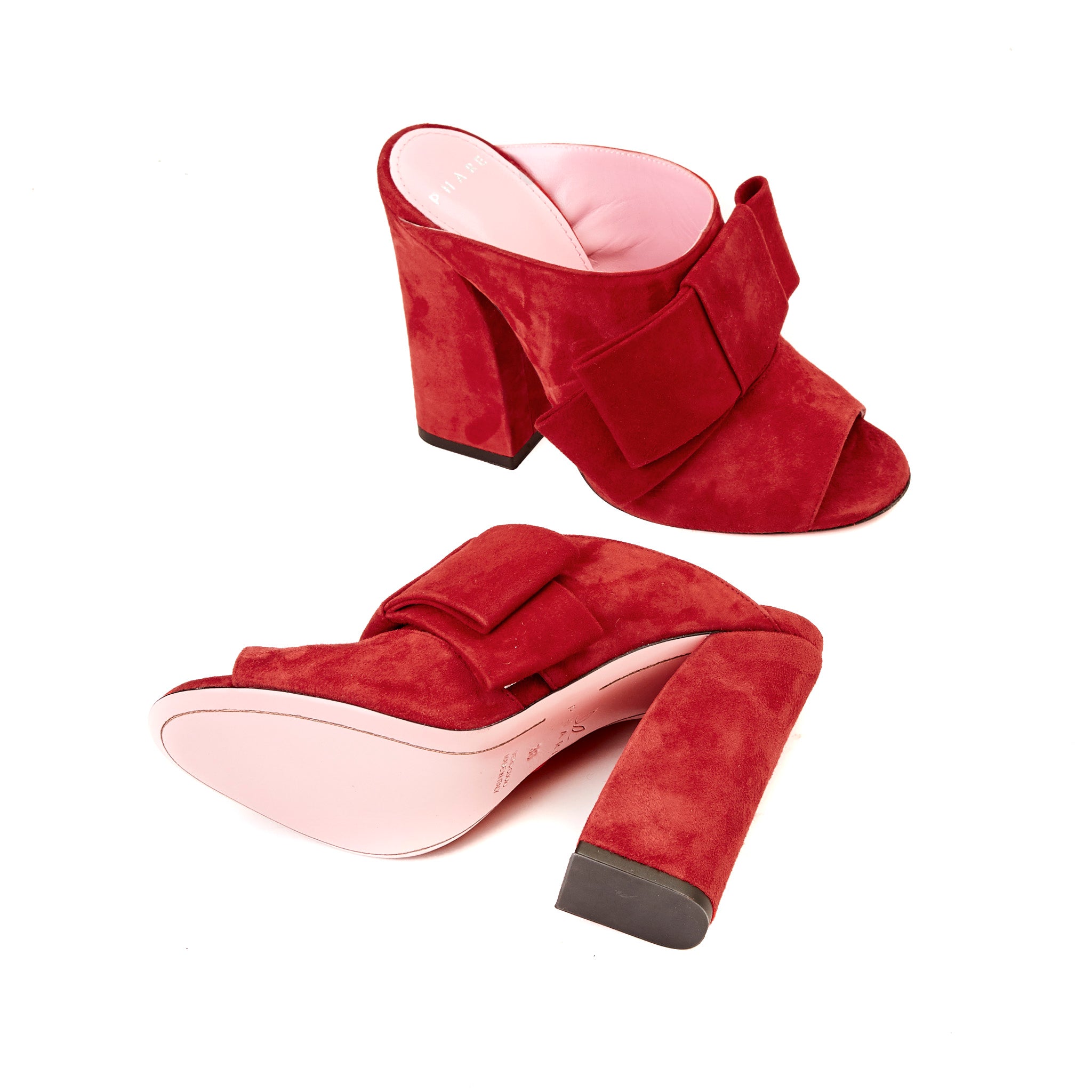Phare High heel block heel mule with bow in rosso suede back view 