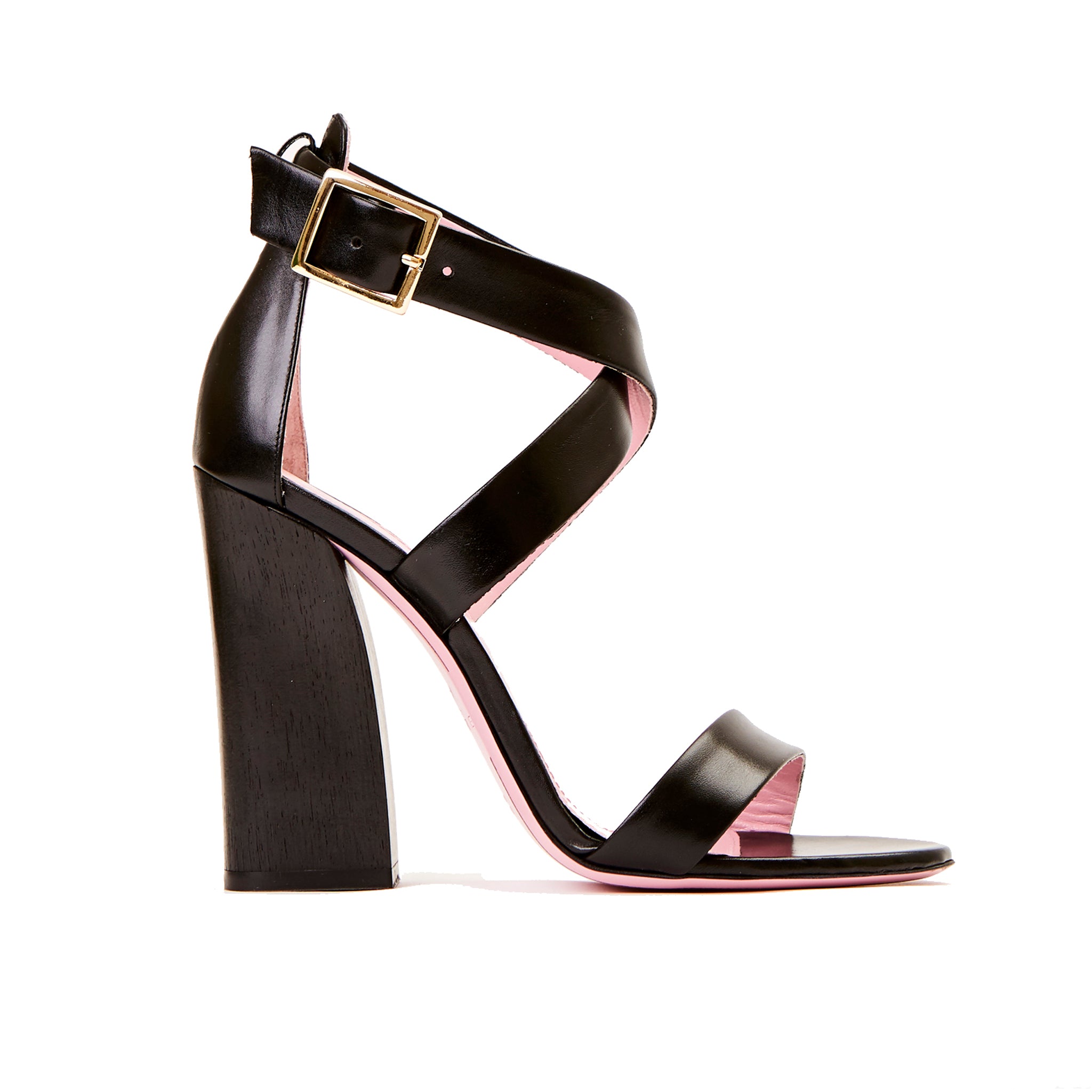 Phare Cross strap block heel sandal with wooden heel in black leather