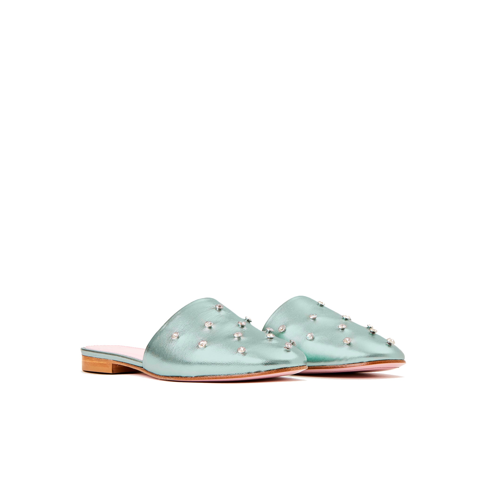 Phare crystal embellsihed slipper in acqua metallic leather 3/4 view 