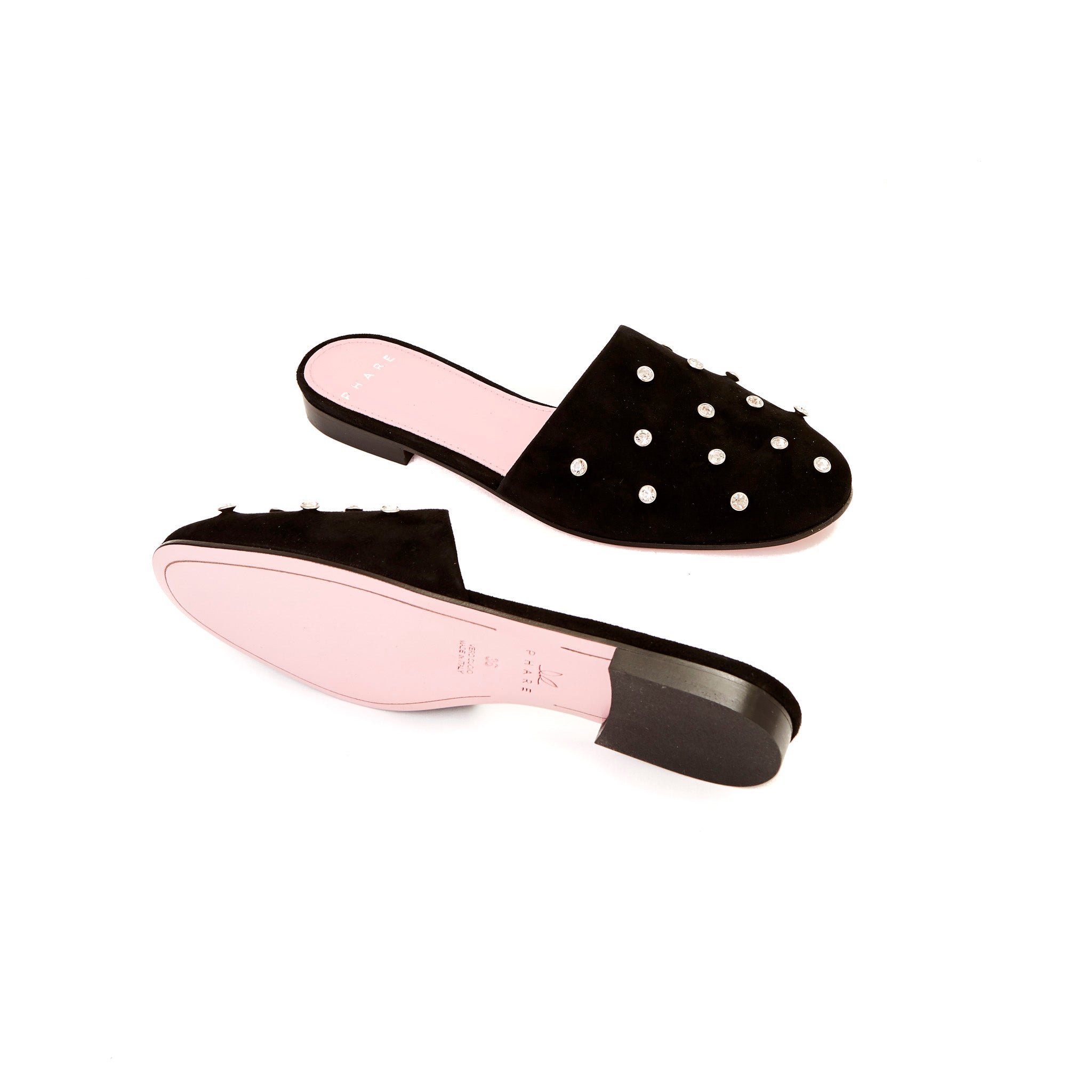 Phare crystal embellsihed slipper in black suede sole view 